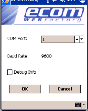 Configure Device  (deactivated if no device is online, it will be activated after a successful connect)  Settings  Before the application can connect to a scanner device, the serial communication port number be defined. The default value is 1 for com port.  The device will be connected with 9600 baud.   