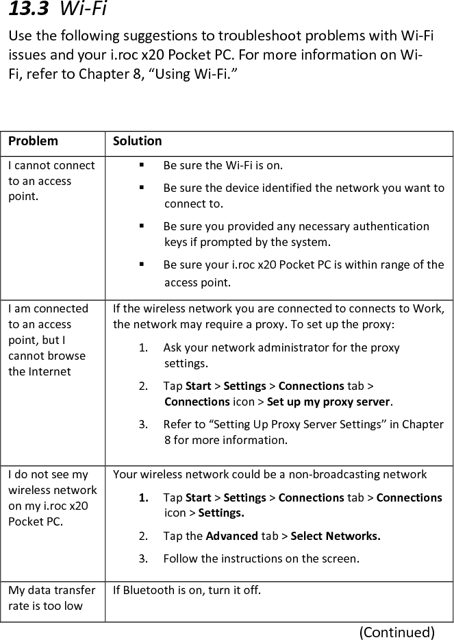 13.3 Wi-Fi  Use the following suggestions to troubleshoot problems with Wi-Fi issues and your i.roc x20 Pocket PC. For more information on Wi-Fi, refer to Chapter 8, “Using Wi-Fi.”   Problem Solution I cannot connect to an access point.   Be sure the Wi-Fi is on.   Be sure the device identified the network you want to connect to.   Be sure you provided any necessary authentication keys if prompted by the system.   Be sure your i.roc x20 Pocket PC is within range of the access point.  I am connected to an access point, but I cannot browse the Internet If the wireless network you are connected to connects to Work, the network may require a proxy. To set up the proxy: 1. Ask your network administrator for the proxy settings. 2. Tap Start &gt; Settings &gt; Connections tab &gt;  Connections icon &gt; Set up my proxy server. 3. Refer to “Setting Up Proxy Server Settings” in Chapter 8 for more information.  I do not see my wireless network on my i.roc x20 Pocket PC.   Your wireless network could be a non-broadcasting network 1. Tap Start &gt; Settings &gt; Connections tab &gt; Connections icon &gt; Settings. 2. Tap the Advanced tab &gt; Select Networks.  3. Follow the instructions on the screen.  My data transfer rate is too low If Bluetooth is on, turn it off. (Continued)  
