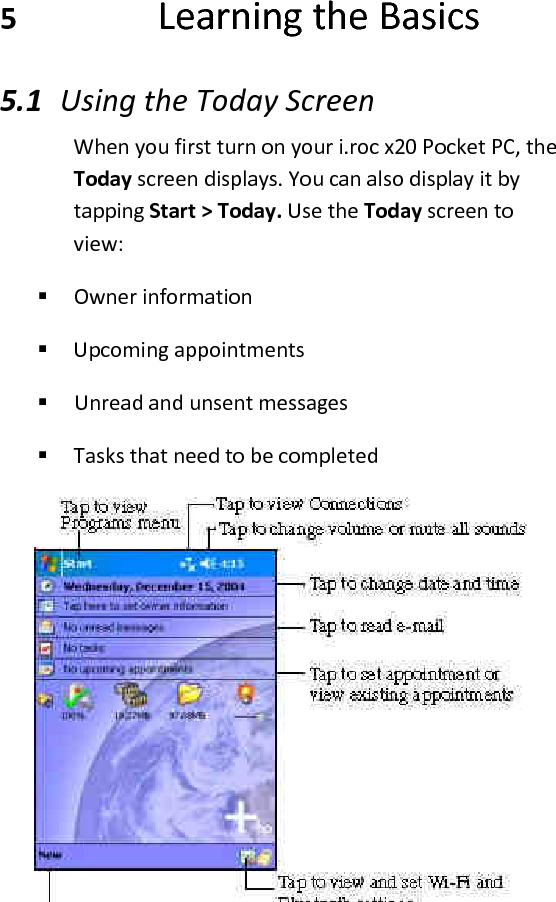 5 Learning the Basics  5.1 Using the Today Screen  When you first turn on your i.roc x20 Pocket PC, the Today screen displays. You can also display it by tapping Start &gt; Today. Use the Today screen to view:   Owner information   Upcoming appointments   Unread and unsent messages   Tasks that need to be completed   
