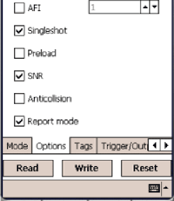 not. With this option checked, the device will read only the serial number of a transponder coming inside scanner’s antenna range. If this option is not checked, the user is able to specify the start block number and the number of blocks to be read.  In write operation mode start address and number of blocks have the same meaning like in read operation mode with SNR not checked. Data that will be written to a transponder can be specified in the text box below the “data to write” label.   The block size defines the size of a block from a transponder. The second page specifies some of the options of the scanner device:  