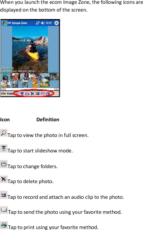When you launch the ecom Image Zone, the following icons are displayed on the bottom of the screen.    Icon      Definition  Tap to view the photo in full screen.  Tap to start slideshow mode.  Tap to change folders.  Tap to delete photo.  Tap to record and attach an audio clip to the photo.  Tap to send the photo using your favorite method.  Tap to print using your favorite method.  