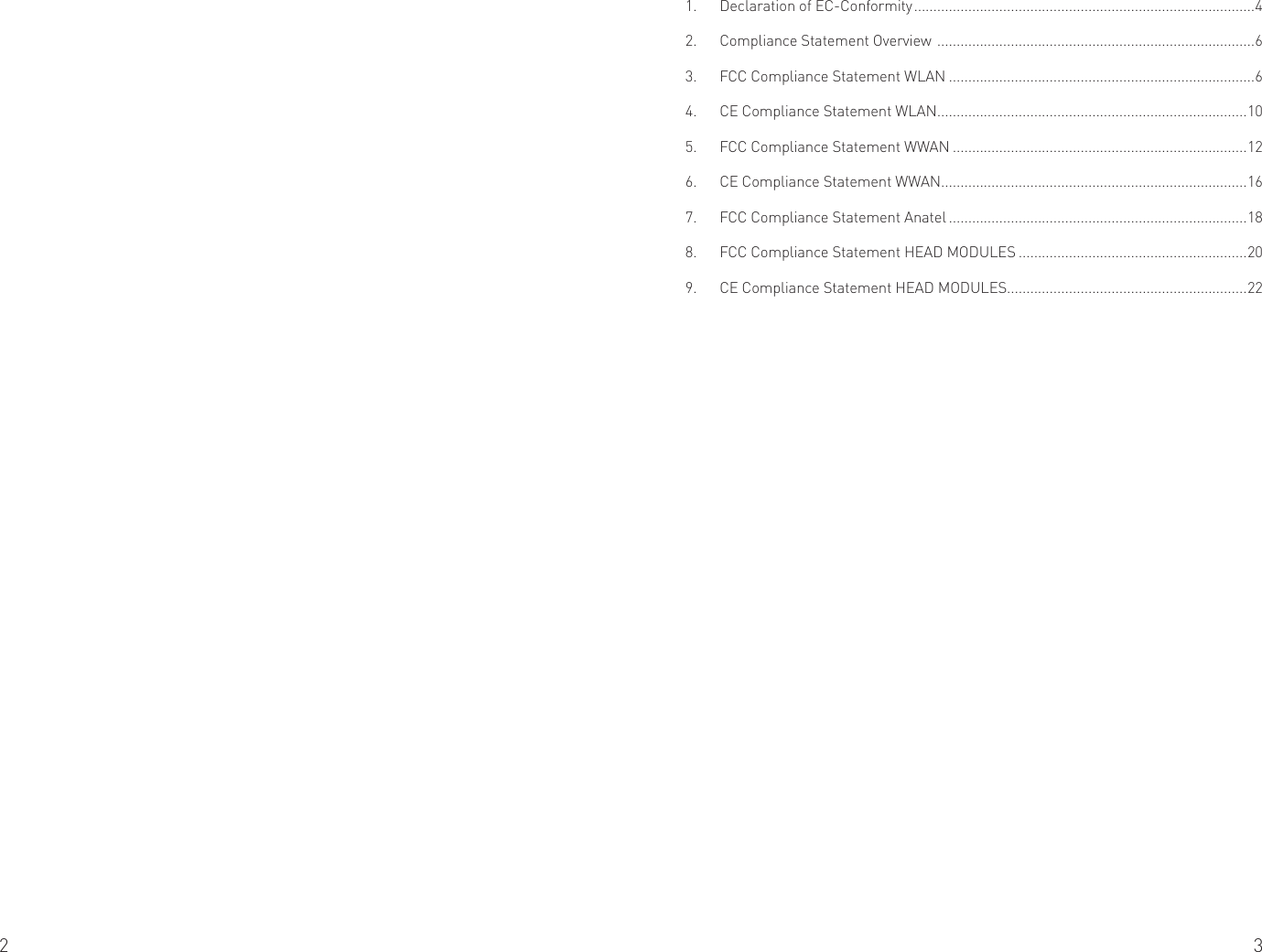 1.  Declaration of EC-Conformity ........................................................................................42.  Compliance Statement Overview  ..................................................................................63.  FCC Compliance Statement WLAN ...............................................................................64.  CE Compliance Statement WLAN ................................................................................105.  FCC Compliance Statement WWAN ............................................................................126.  CE Compliance Statement WWAN ...............................................................................167.  FCC Compliance Statement Anatel .............................................................................188.  FCC Compliance Statement HEAD MODULES ...........................................................209.  CE Compliance Statement HEAD MODULES..............................................................222 3