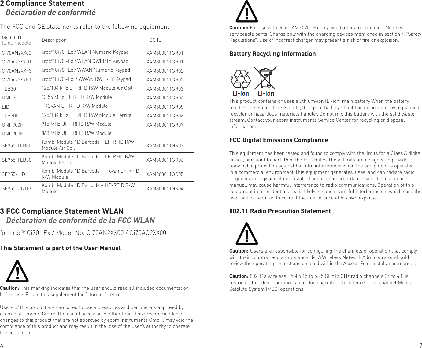 6 72 Compliance Statement    Déclaration de conformitéThe FCC and CE statements refer to the following equipmentModel IDID du modèle Description FCC IDCI70AN2XX00 i.roc® Ci70 -Ex / WLAN Numeric Keypad XAM300011GR01CI70AQ2XX00 i.roc® Ci70 -Ex / WLAN QWERTY Keypad XAM300011GR01CI70AN2XXF3 i.roc® Ci70 -Ex / WWAN Numeric Keypad XAM300011GR02CI70AQ2XXF3 i.roc® Ci70 -Ex  / WWAN QWERTY Keypad XAM300011GR02TLB30 125/134 kHz LF RFID R/W Module Air Coil XAM300011GR03UNI13 13,56 MHz HF RFID R/W Module XAM300011GR04LID TROVAN LF-RFID R/W Module XAM300011GR05TLB30F 125/134 kHz LF RFID R/W Module Ferrite XAM300011GR06UNI-900F 915 MHz UHF RFID R/W Module XAM300011GR07UNI-900E 868 MHz UHF RFID R/W ModuleSE955-TLB30 Kombi Module 1D Barcode + LF-RFID R/W Module Air Coil XAM300011GR03SE955-TLB30F Kombi Module 1D Barcode + LF-RFID R/W Module Ferrite XAM300011GR06SE955-LID Kombi Module 1D Barcode + Trovan LF-RFID R/W Module XAM300011GR05SE955-UNI13 Kombi Module 1D Barcode + HF-RFID R/W Module XAM300011GR043 FCC Compliance Statement WLAN    Déclaration de conformité de la FCC WLAN for i.roc® Ci70 -Ex / Model No. Ci70AN2XX00 / Ci70AQ2XX00This Statement is part of the User ManualCaution: This marking indicates that the user should read all included documentation before use. Retain this supplement for future referenceUsers of this product are cautioned to use accessories and peripherals approved by ecom instruments GmbH.The use of accessories other than those recommended, or changes to this product that are not approved by ecom instruments GmbH, may void the compliance of this product and may result in the loss of the user’s authority to operate the equipment.Caution: For use with ecom AM Ci70 -Ex only. See batter y instructions. No user-serviceable par ts. Charge only with the charging devices mentioned in section 4. “Safety Regulations”. Use of incorrect charger may present a risk of fire or explosion.Battery Recycling InformationThis product contains or uses a lithium-ion (Li-ion) main battery. When the batter y reaches the end of its useful life, the spent batter y should be disposed of by a qualified recycler or hazardous materials handler. Do not mix this batter y with the solid waste stream. Contact your ecom instruments Ser vice Center for recycling or disposal information.FCC Digital Emissions ComplianceThis equipment has been tested and found to comply with the limits for a Class A digital device, pursuant to par t 15 of the FCC Rules.These limits are designed to provide reasonable protection against harmful interference when the equipment is operated in a commercial environment.This equipment generates, uses, and can radiate radio frequency energy and, if not installed and used in accordance with the instruction manual, may cause harmful interference to radio communications. Operation of this equipment in a residential area is likely to cause harmful interference in which case the user will be required to correct the interference at his own expense.802.11 Radio Precaution StatementCaution:  Users are responsible for configuring the channels of operation that comply with their countr y regulator y standards. A Wireless Network Administrator should review the operating restrictions detailed within the Access Point installation manual.Caution: 802.11a wireless LAN 5.15 to 5.25 GHz (5 GHz radio channels 34 to 48) is restricted to indoor operations to reduce harmful interference to co-channel Mobile Satellite System (MSS) operations.