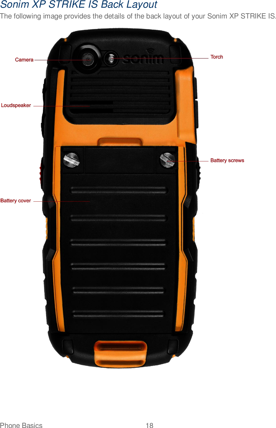 Phone Basics  18   Sonim XP STRIKE IS Back Layout The following image provides the details of the back layout of your Sonim XP STRIKE IS.   