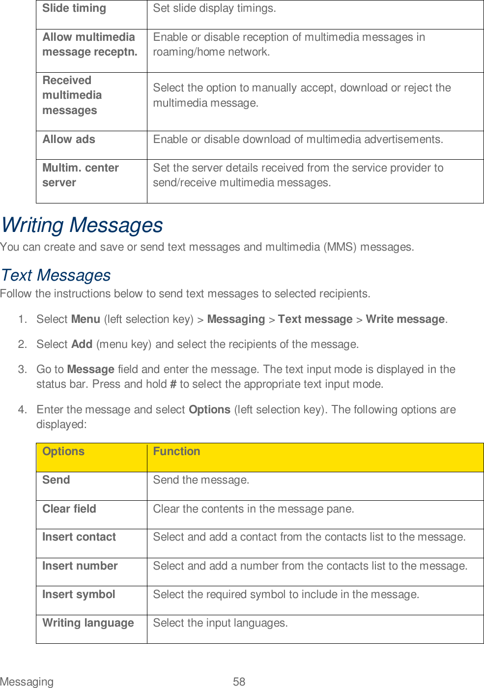 Messaging  58   Slide timing Set slide display timings. Allow multimedia message receptn. Enable or disable reception of multimedia messages in roaming/home network. Received multimedia messages Select the option to manually accept, download or reject the multimedia message. Allow ads Enable or disable download of multimedia advertisements. Multim. center server Set the server details received from the service provider to send/receive multimedia messages. Writing Messages You can create and save or send text messages and multimedia (MMS) messages. Text Messages Follow the instructions below to send text messages to selected recipients. 1.  Select Menu (left selection key) &gt; Messaging &gt; Text message &gt; Write message.  2.  Select Add (menu key) and select the recipients of the message. 3.  Go to Message field and enter the message. The text input mode is displayed in the status bar. Press and hold # to select the appropriate text input mode. 4.  Enter the message and select Options (left selection key). The following options are displayed: Options Function Send Send the message. Clear field Clear the contents in the message pane. Insert contact Select and add a contact from the contacts list to the message. Insert number Select and add a number from the contacts list to the message. Insert symbol Select the required symbol to include in the message. Writing language Select the input languages. 
