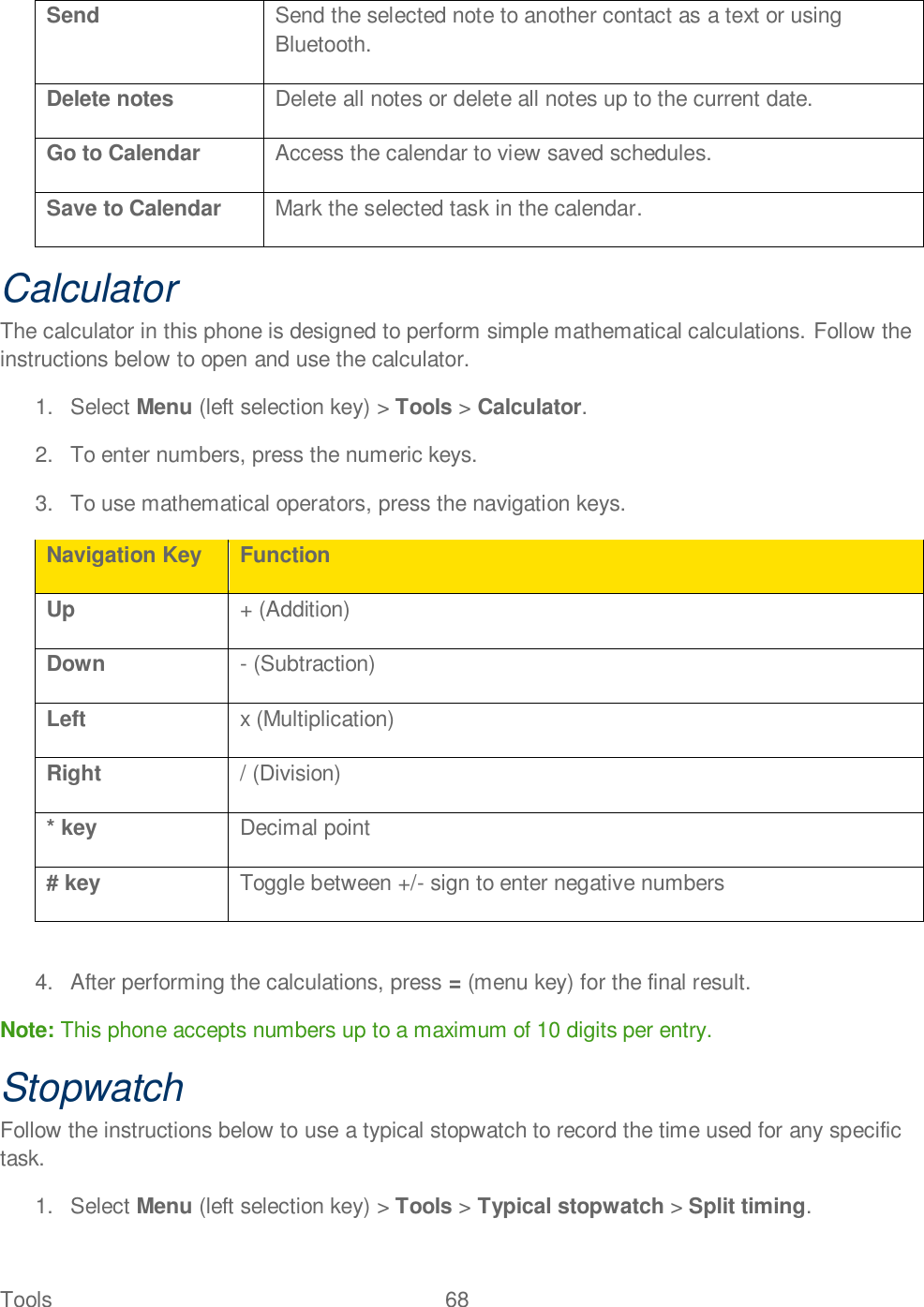 Tools  68   Send Send the selected note to another contact as a text or using Bluetooth. Delete notes Delete all notes or delete all notes up to the current date. Go to Calendar Access the calendar to view saved schedules. Save to Calendar Mark the selected task in the calendar. Calculator The calculator in this phone is designed to perform simple mathematical calculations. Follow the instructions below to open and use the calculator. 1.  Select Menu (left selection key) &gt; Tools &gt; Calculator. 2.  To enter numbers, press the numeric keys. 3.  To use mathematical operators, press the navigation keys. Navigation Key Function Up + (Addition) Down - (Subtraction) Left x (Multiplication) Right / (Division) * key Decimal point # key Toggle between +/- sign to enter negative numbers  4.  After performing the calculations, press = (menu key) for the final result. Note: This phone accepts numbers up to a maximum of 10 digits per entry. Stopwatch Follow the instructions below to use a typical stopwatch to record the time used for any specific task. 1.  Select Menu (left selection key) &gt; Tools &gt; Typical stopwatch &gt; Split timing.  