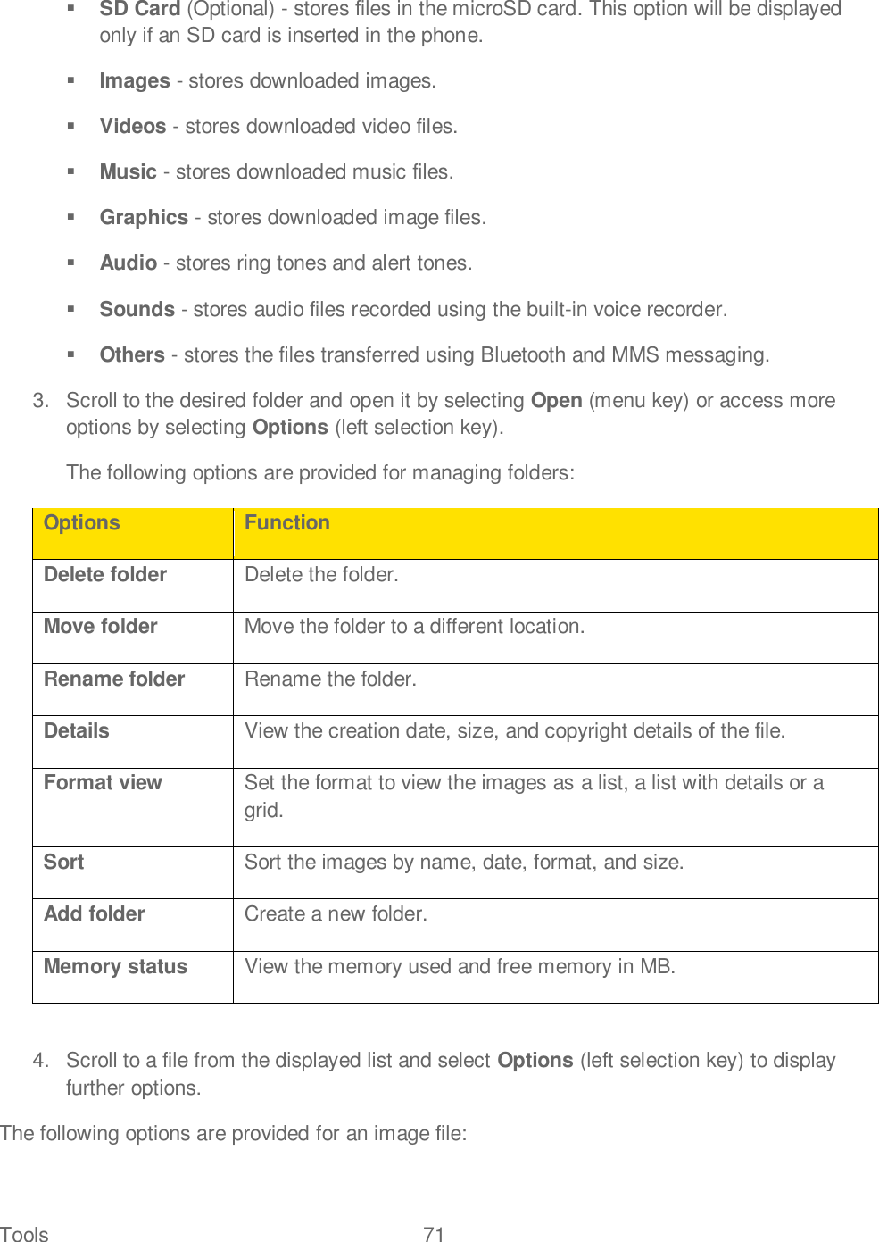 Tools  71    SD Card (Optional) - stores files in the microSD card. This option will be displayed only if an SD card is inserted in the phone.  Images - stores downloaded images.   Videos - stores downloaded video files.  Music - stores downloaded music files.  Graphics - stores downloaded image files.  Audio - stores ring tones and alert tones.  Sounds - stores audio files recorded using the built-in voice recorder.  Others - stores the files transferred using Bluetooth and MMS messaging. 3.  Scroll to the desired folder and open it by selecting Open (menu key) or access more options by selecting Options (left selection key). The following options are provided for managing folders: Options Function Delete folder Delete the folder. Move folder Move the folder to a different location. Rename folder Rename the folder. Details View the creation date, size, and copyright details of the file. Format view Set the format to view the images as a list, a list with details or a grid. Sort Sort the images by name, date, format, and size. Add folder Create a new folder. Memory status View the memory used and free memory in MB.  4.  Scroll to a file from the displayed list and select Options (left selection key) to display further options. The following options are provided for an image file: 