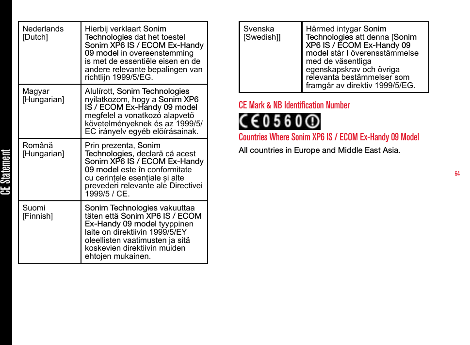 64CE StatementNederlands [Dutch]Hierbij verklaart Sonim Technologies dat het toestel Sonim XP6 IS / ECOM Ex-Handy 09 model in overeenstemming is met de essentiële eisen en de andere relevante bepalingen van richtlijn 1999/5/EG.Magyar [Hungarian] Alulírott, Sonim Technologies nyilatkozom, hogy a Sonim XP6 IS / ECOM Ex-Handy 09 model megfelel a vonatkozó alapvetõ követelményeknek és az 1999/5/EC irányelv egyéb elõírásainak.Română [Hungarian] Prin prezenta, Sonim Technologies, declară că acest Sonim XP6 IS / ECOM Ex-Handy 09 model este în conformitate cu cerințele esențiale și alte prevederi relevante ale Directivei 1999/5 / CE.Suomi [Finnish]Sonim Technologies vakuuttaa täten että Sonim XP6 IS / ECOM Ex-Handy 09 model tyyppinen laite on direktiivin 1999/5/EY oleellisten vaatimusten ja sitä koskevien direktiivin muiden ehtojen mukainen.Svenska [Swedish]] Härmed intygar Sonim Technologies att denna [Sonim XP6 IS / ECOM Ex-Handy 09 model står I överensstämmelse med de väsentliga egenskapskrav och övriga relevanta bestämmelser som framgår av direktiv 1999/5/EG.CE Mark &amp; NB Identification NumberCountries Where Sonim XP6 IS / ECOM Ex-Handy 09 ModelAll countries in Europe and Middle East Asia.