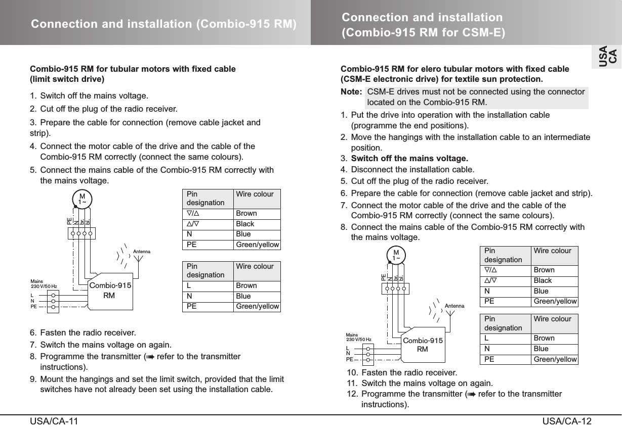 USA/CA-11Connection and installation (Combio-915 RM)USA/CA-12Combio-915 RM for tubular motors with fixed cable (limit switch drive)1. Switch off the mains voltage.2. Cut off the plug of the radio receiver.3. Prepare the cable for connection (remove cable jacket andstrip).4. Connect the motor cable of the drive and the cable of theCombio-915 RM correctly (connect the same colours).5. Connect the mains cable of the Combio-915 RM correctly withthe mains voltage.RMPENLCombio-9151~MAntennaPENbr.bl.Mains230 V/50 Hz6. Fasten the radio receiver.7. Switch the mains voltage on again.8. Programme the transmitter (Drefer to the transmitterinstructions).9. Mount the hangings and set the limit switch, provided that the limitswitches have not already been set using the installation cable.Pin Wire colourdesignationB/VBrownV/BBlackN BluePE Green/yellowPin Wire colourdesignationL BrownN BluePE Green/yellowConnection and installation (Combio-915 RM for CSM-E)Combio-915 RM for elero tubular motors with fixed cable (CSM-E electronic drive) for textile sun protection.Note:  CSM-E drives must not be connected using the connectorlocated on the Combio-915 RM.1. Put the drive into operation with the installation cable (programme the end positions).2. Move the hangings with the installation cable to an intermediateposition.3.  Switch off the mains voltage.4. Disconnect the installation cable.5. Cut off the plug of the radio receiver.6. Prepare the cable for connection (remove cable jacket and strip).7. Connect the motor cable of the drive and the cable of theCombio-915 RM correctly (connect the same colours).8. Connect the mains cable of the Combio-915 RM correctly withthe mains voltage.RMPENLCombio-9151~MAntennaPENbr.bl.Mains230 V/50 Hz10. Fasten the radio receiver.11.  Switch the mains voltage on again.12. Programme the transmitter (Drefer to the transmitterinstructions).Pin Wire colourdesignationB/VBrownV/BBlackN BluePE Green/yellowPin Wire colourdesignationL BrownN BluePE Green/yellowUSACA