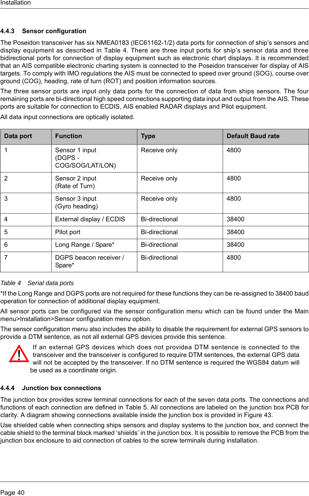 InstallationPage 404.4.3 Sensor configurationThe Poseidon transceiver has six NMEA0183 (IEC61162-1/2) data ports for connection of ship&rsquo;s sensors and display equipment as described in Table 4. There are three input ports for ship&rsquo;s sensor data and three bidirectional ports for connection of display equipment such as electronic chart displays. It is recommended that an AIS compatible electronic charting system is connected to the Poseidon transceiver for display of AIS targets. To comply with IMO regulations the AIS must be connected to speed over ground (SOG), course over ground (COG), heading, rate of turn (ROT) and position information sources. The three sensor ports are input only data ports for the connection of data from ships sensors. The four remaining ports are bi-directional high speed connections supporting data input and output from the AIS. These ports are suitable for connection to ECDIS, AIS enabled RADAR displays and Pilot equipment.All data input connections are optically isolated.Table 4 Serial data ports*If the Long Range and DGPS ports are not required for these functions they can be re-assigned to 38400 baud operation for connection of additional display equipment. All sensor ports can be configured via the sensor configuration menu which can be found under the Main menu>Installation>Sensor configuration menu option. The sensor configuration menu also includes the ability to disable the requirement for external GPS sensors to provide a DTM sentence, as not all external GPS devices provide this sentence. 4.4.4 Junction box connectionsThe junction box provides screw terminal connections for each of the seven data ports. The connections and functions of each connection are defined in Table 5. All connections are labeled on the junction box PCB for clarity. A diagram showing connections available inside the junction box is provided in Figure 43.Use shielded cable when connecting ships sensors and display systems to the junction box, and connect the cable shield to the terminal block marked &lsquo;shields&rsquo; in the junction box. It is possible to remove the PCB from the junction box enclosure to aid connection of cables to the screw terminals during installation. Data port Function Type Default Baud rate1Sensor 1 input (DGPS - COG/SOG/LAT/LON)Receive only 48002Sensor 2 input(Rate of Turn)Receive only 48003Sensor 3 input(Gyro heading)Receive only 48004External display / ECDIS Bi-directional 384005Pilot port Bi-directional 384006Long Range / Spare* Bi-directional 384007DGPS beacon receiver / Spare*Bi-directional 4800If an external GPS devices which does not providea DTM sentence is connected to the transceiver and the transceiver is configured to require DTM sentences, the external GPS data will not be accepted by the transceiver. If no DTM sentence is required the WGS84 datum will be used as a coordinate origin.