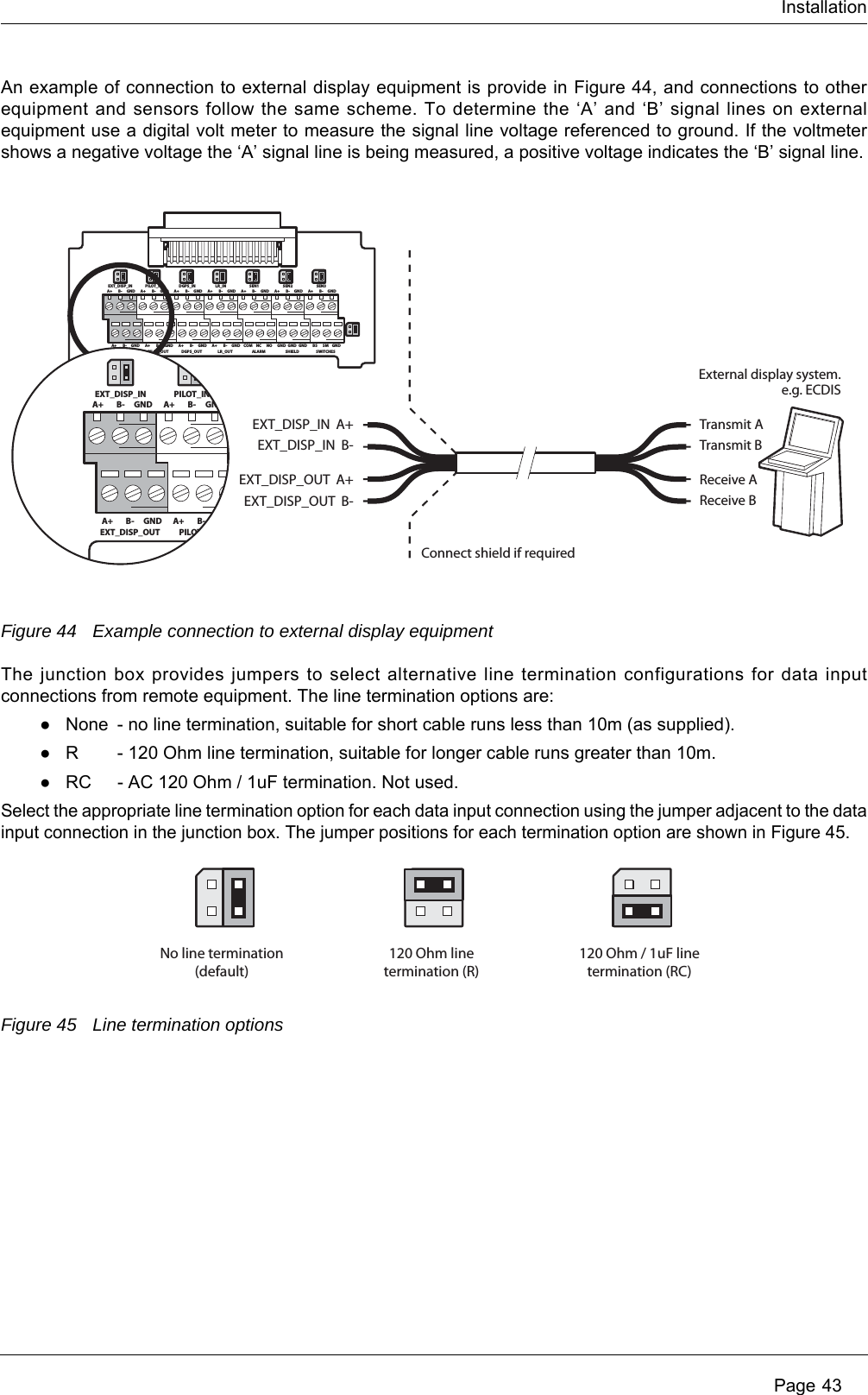 Installation Page 43An example of connection to external display equipment is provide in Figure 44, and connections to other equipment and sensors follow the same scheme. To determine the &lsquo;A&rsquo; and &lsquo;B&rsquo; signal lines on external equipment use a digital volt meter to measure the signal line voltage referenced to ground. If the voltmeter shows a negative voltage the &lsquo;A&rsquo; signal line is being measured, a positive voltage indicates the &lsquo;B&rsquo; signal line.Figure 44 Example connection to external display equipmentThe junction box provides jumpers to select alternative line termination configurations for data input connections from remote equipment. The line termination options are:●None - no line termination, suitable for short cable runs less than 10m (as supplied).●R - 120 Ohm line termination, suitable for longer cable runs greater than 10m.●RC - AC 120 Ohm / 1uF termination. Not used.Select the appropriate line termination option for each data input connection using the jumper adjacent to the data input connection in the junction box. The jumper positions for each termination option are shown in Figure 45.Figure 45 Line termination optionsA+ B-EXT_DISP_INGND A+ B-PILOT_INGND A+ B-DGPS_INGND A+ B-LR_INGND A+ B-SEN1GND A+ B-SEN2GND A+ B-SEN3GNDA+ B-EXT_DISP_OUTGND A+ B-PILOT_OUTGND A+ B-DGPS_OUTGND A+ B-LR_OUTGND COM NCALARMNO GND GNDSHIELDGND BS SMSWITCHESGNDA+ B-EXT_DISP_INGND A+ B-PILOT_INGNDA+ B-EXT_DISP_OUTGND A+ B-PILOT_OUTGNDTransmit AExternal display system.e.g. ECDISConnect shield if requiredTransmit BReceive AReceive BEXT_DISP_IN  A+EXT_DISP_IN  B-EXT_DISP_OUT  A+EXT_DISP_OUT  B-No line termination(default)120 Ohm linetermination (R)120 Ohm / 1uF linetermination (RC)