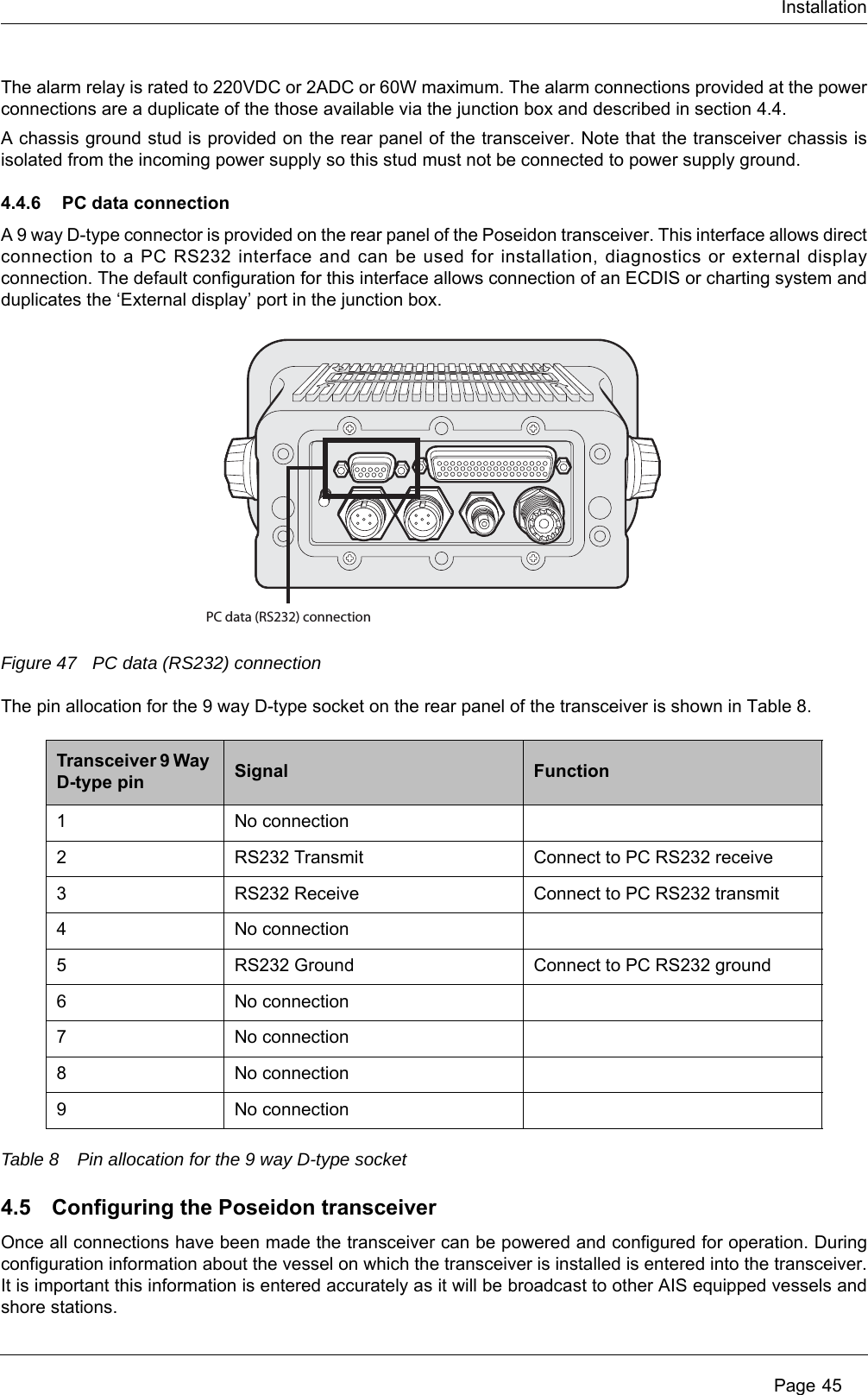 Installation Page 45The alarm relay is rated to 220VDC or 2ADC or 60W maximum. The alarm connections provided at the power connections are a duplicate of the those available via the junction box and described in section 4.4.A chassis ground stud is provided on the rear panel of the transceiver. Note that the transceiver chassis is isolated from the incoming power supply so this stud must not be connected to power supply ground.4.4.6 PC data connectionA 9 way D-type connector is provided on the rear panel of the Poseidon transceiver. This interface allows direct connection to a PC RS232 interface and can be used for installation, diagnostics or external display connection. The default configuration for this interface allows connection of an ECDIS or charting system and duplicates the &lsquo;External display&rsquo; port in the junction box.Figure 47 PC data (RS232) connectionThe pin allocation for the 9 way D-type socket on the rear panel of the transceiver is shown in Table 8.Table 8 Pin allocation for the 9 way D-type socket4.5 Configuring the Poseidon transceiverOnce all connections have been made the transceiver can be powered and configured for operation. During configuration information about the vessel on which the transceiver is installed is entered into the transceiver. It is important this information is entered accurately as it will be broadcast to other AIS equipped vessels and shore stations.Transceiver 9 Way D-type pin Signal Function1No connection2RS232 Transmit Connect to PC RS232 receive3RS232 Receive Connect to PC RS232 transmit4No connection5RS232 Ground Connect to PC RS232 ground6No connection7No connection8No connection9No connectionPC data (RS232) connection