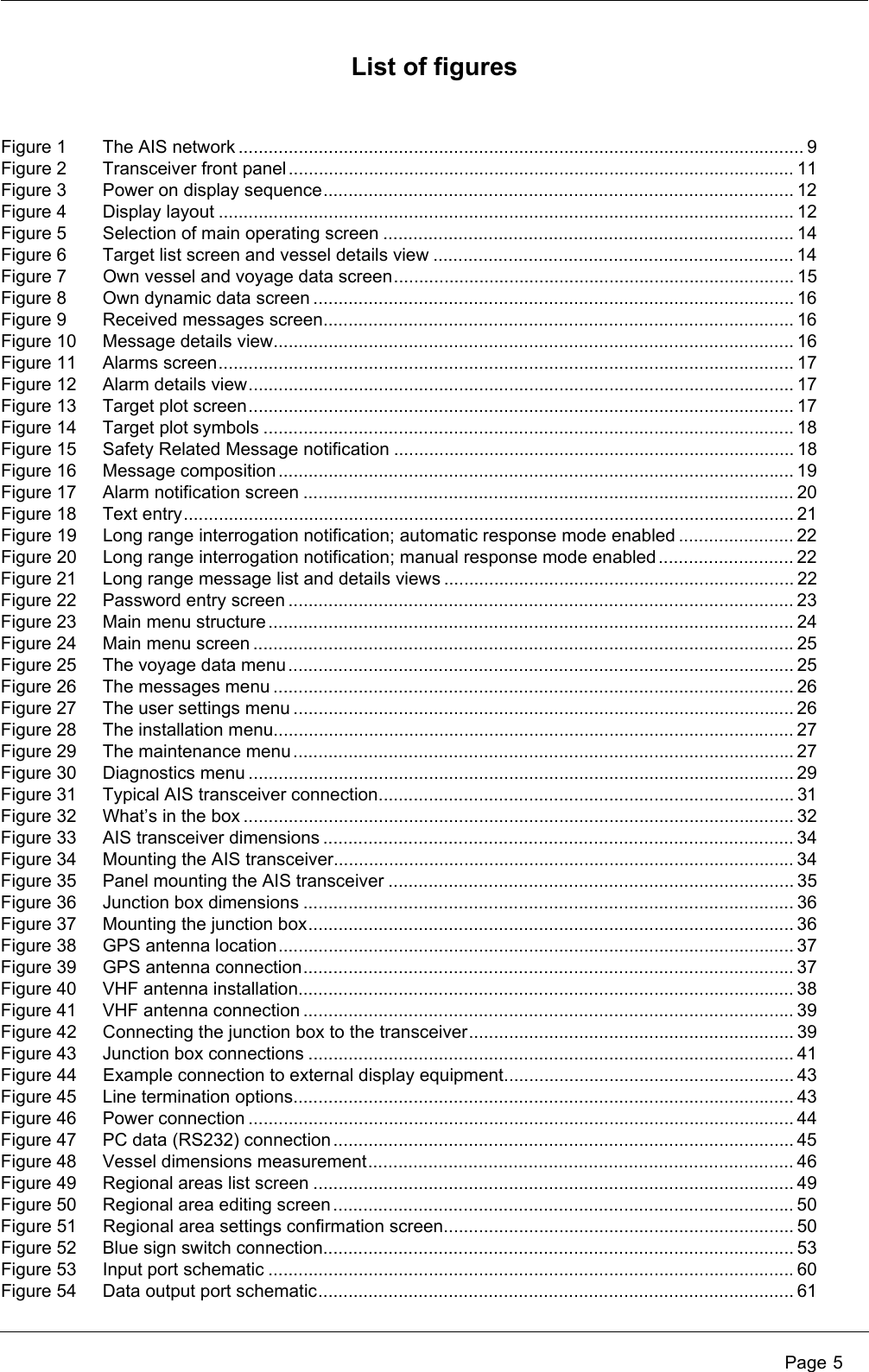  Page 5List of figuresFigure 1 The AIS network ................................................................................................................. 9Figure 2 Transceiver front panel ..................................................................................................... 11Figure 3 Power on display sequence.............................................................................................. 12Figure 4 Display layout ................................................................................................................... 12Figure 5 Selection of main operating screen .................................................................................. 14Figure 6 Target list screen and vessel details view ........................................................................ 14Figure 7 Own vessel and voyage data screen................................................................................ 15Figure 8 Own dynamic data screen ................................................................................................ 16Figure 9 Received messages screen.............................................................................................. 16Figure 10 Message details view........................................................................................................ 16Figure 11 Alarms screen................................................................................................................... 17Figure 12 Alarm details view............................................................................................................. 17Figure 13 Target plot screen............................................................................................................. 17Figure 14 Target plot symbols .......................................................................................................... 18Figure 15 Safety Related Message notification ................................................................................ 18Figure 16 Message composition ....................................................................................................... 19Figure 17 Alarm notification screen .................................................................................................. 20Figure 18 Text entry.......................................................................................................................... 21Figure 19 Long range interrogation notification; automatic response mode enabled ....................... 22Figure 20 Long range interrogation notification; manual response mode enabled........................... 22Figure 21 Long range message list and details views ...................................................................... 22Figure 22 Password entry screen ..................................................................................................... 23Figure 23 Main menu structure......................................................................................................... 24Figure 24 Main menu screen ............................................................................................................ 25Figure 25 The voyage data menu..................................................................................................... 25Figure 26 The messages menu ........................................................................................................ 26Figure 27 The user settings menu .................................................................................................... 26Figure 28 The installation menu........................................................................................................ 27Figure 29 The maintenance menu.................................................................................................... 27Figure 30 Diagnostics menu ............................................................................................................. 29Figure 31 Typical AIS transceiver connection................................................................................... 31Figure 32 What&rsquo;s in the box .............................................................................................................. 32Figure 33 AIS transceiver dimensions .............................................................................................. 34Figure 34 Mounting the AIS transceiver............................................................................................ 34Figure 35 Panel mounting the AIS transceiver ................................................................................. 35Figure 36 Junction box dimensions .................................................................................................. 36Figure 37 Mounting the junction box................................................................................................. 36Figure 38 GPS antenna location....................................................................................................... 37Figure 39 GPS antenna connection.................................................................................................. 37Figure 40 VHF antenna installation................................................................................................... 38Figure 41 VHF antenna connection .................................................................................................. 39Figure 42 Connecting the junction box to the transceiver................................................................. 39Figure 43 Junction box connections ................................................................................................. 41Figure 44 Example connection to external display equipment.......................................................... 43Figure 45 Line termination options.................................................................................................... 43Figure 46 Power connection ............................................................................................................. 44Figure 47 PC data (RS232) connection ............................................................................................ 45Figure 48 Vessel dimensions measurement..................................................................................... 46Figure 49 Regional areas list screen ................................................................................................ 49Figure 50 Regional area editing screen............................................................................................ 50Figure 51 Regional area settings confirmation screen...................................................................... 50Figure 52 Blue sign switch connection.............................................................................................. 53Figure 53 Input port schematic ......................................................................................................... 60Figure 54 Data output port schematic............................................................................................... 61