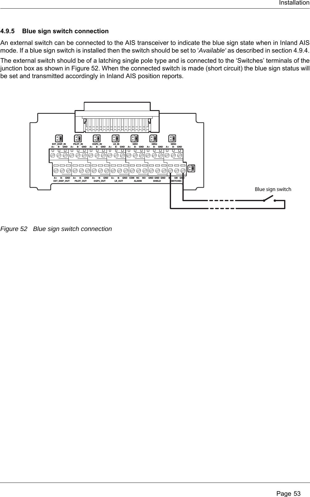 Installation Page 534.9.5 Blue sign switch connectionAn external switch can be connected to the AIS transceiver to indicate the blue sign state when in Inland AIS mode. If a blue sign switch is installed then the switch should be set to &lsquo;Available' as described in section 4.9.4.The external switch should be of a latching single pole type and is connected to the &lsquo;Switches&rsquo; terminals of the junction box as shown in Figure 52. When the connected switch is made (short circuit) the blue sign status will be set and transmitted accordingly in Inland AIS position reports.Figure 52 Blue sign switch connectionA+ B-EXT_DISP_INGND A+ B-PILOT_INGND A+ B-DGPS_INGND A+ B-LR_INGND A+ B-SEN1GND A+ B-SEN2GND A+ B-SEN3GNDA+ B-EXT_DISP_OUTGND A+ B-PILOT_OUTGND A+ B-DGPS_OUTGND A+ B-LR_OUTGND COM NCALARMNO GND GNDSHIELDGNDBlue sign switchBS SMSWITCHESGND