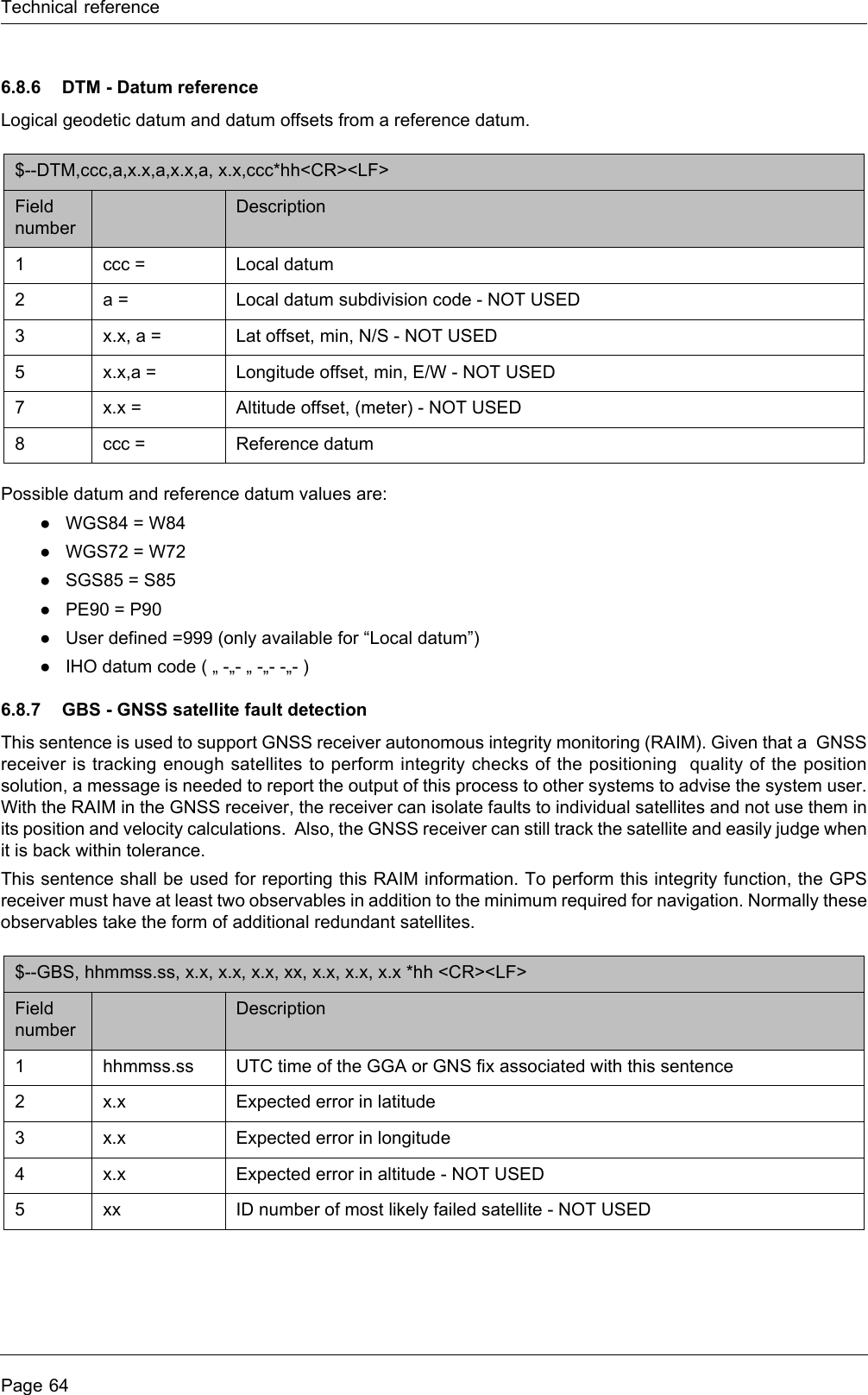 Technical referencePage 646.8.6 DTM - Datum referenceLogical geodetic datum and datum offsets from a reference datum.Possible datum and reference datum values are:●WGS84 = W84●WGS72 = W72●SGS85 = S85 ●PE90 = P90 ●User defined =999 (only available for &ldquo;Local datum&rdquo;) ●IHO datum code ( &bdquo; -&bdquo;- &bdquo; -&bdquo;- -&bdquo;- ) 6.8.7 GBS - GNSS satellite fault detectionThis sentence is used to support GNSS receiver autonomous integrity monitoring (RAIM). Given that a  GNSS receiver is tracking enough satellites to perform integrity checks of the positioning  quality of the position solution, a message is needed to report the output of this process to other systems to advise the system user. With the RAIM in the GNSS receiver, the receiver can isolate faults to individual satellites and not use them in its position and velocity calculations.  Also, the GNSS receiver can still track the satellite and easily judge when it is back within tolerance. This sentence shall be used for reporting this RAIM information. To perform this integrity function, the GPS receiver must have at least two observables in addition to the minimum required for navigation. Normally these observables take the form of additional redundant satellites. $--DTM,ccc,a,x.x,a,x.x,a, x.x,ccc*hh<CR><LF> Field numberDescription1ccc = Local datum 2a = Local datum subdivision code - NOT USED3x.x, a = Lat offset, min, N/S - NOT USED5x.x,a = Longitude offset, min, E/W - NOT USED7x.x = Altitude offset, (meter) - NOT USED8ccc =  Reference datum $--GBS, hhmmss.ss, x.x, x.x, x.x, xx, x.x, x.x, x.x *hh <CR><LF> Field numberDescription1hhmmss.ss  UTC time of the GGA or GNS fix associated with this sentence 2x.x Expected error in latitude 3x.x Expected error in longitude 4x.x Expected error in altitude - NOT USED5 xx ID number of most likely failed satellite - NOT USED