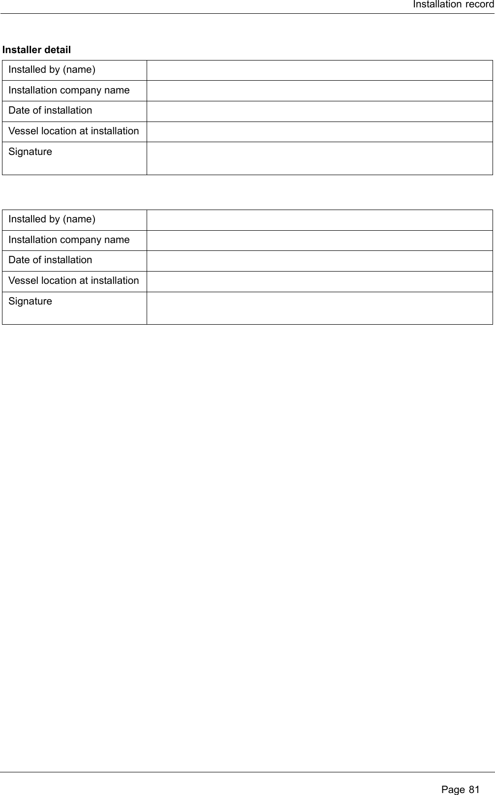 Installation record Page 81Installer detailInstalled by (name)Installation company nameDate of installationVessel location at installationSignatureInstalled by (name)Installation company nameDate of installationVessel location at installationSignature