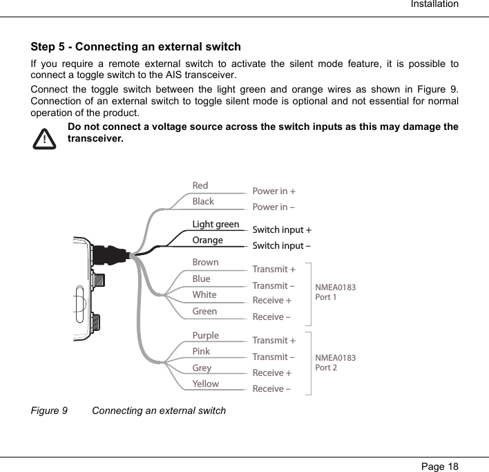  InstallationPage 18Step 5 - Connecting an external switchIf you require a remote external switch to activate the silent mode feature, it is possible toconnect a toggle switch to the AIS transceiver.  Connect the toggle switch between the light green and orange wires as shown in Figure 9.Connection of an external switch to toggle silent mode is optional and not essential for normaloperation of the product. Do not connect a voltage source across the switch inputs as this may damage thetransceiver.  Figure 9 Connecting an external switch!Transmit +Transmit &ndash;Power in +Power in &ndash;Switch input +Switch input &ndash;Receive +Receive &ndash;BrownBlueLight greenOrangeRedBlackWhiteGreenPurplePinkGreyYellowTransmit +Transmit &ndash;Receive +Receive &ndash;NMEA0183Port 1NMEA0183Port 2