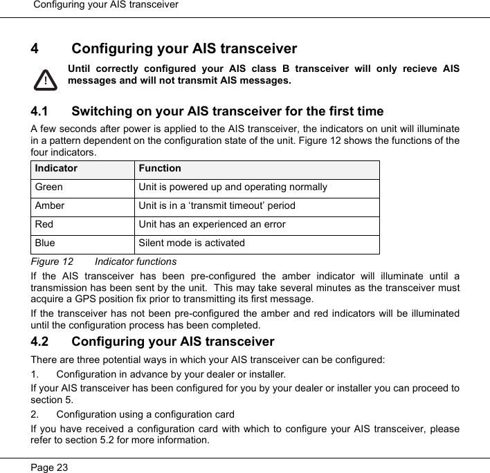  Configuring your AIS transceiverPage 234 Configuring your AIS transceiverUntil correctly configured your AIS class B transceiver will only recieve AISmessages and will not transmit AIS messages. 4.1 Switching on your AIS transceiver for the first timeA few seconds after power is applied to the AIS transceiver, the indicators on unit will illuminatein a pattern dependent on the configuration state of the unit. Figure 12 shows the functions of thefour indicators.    Figure 12  Indicator functionsIf the AIS transceiver has been pre-configured the amber indicator will illuminate until atransmission has been sent by the unit.  This may take several minutes as the transceiver mustacquire a GPS position fix prior to transmitting its first message.  If the transceiver has not been pre-configured the amber and red indicators will be illuminateduntil the configuration process has been completed.4.2 Configuring your AIS transceiverThere are three potential ways in which your AIS transceiver can be configured:1. Configuration in advance by your dealer or installer.If your AIS transceiver has been configured for you by your dealer or installer you can proceed tosection 5.  2. Configuration using a configuration cardIf you have received a configuration card with which to configure your AIS transceiver, pleaserefer to section 5.2 for more information.  Indicator FunctionGreen Unit is powered up and operating normallyAmber Unit is in a &lsquo;transmit timeout&rsquo; periodRed Unit has an experienced an errorBlue Silent mode is activated!