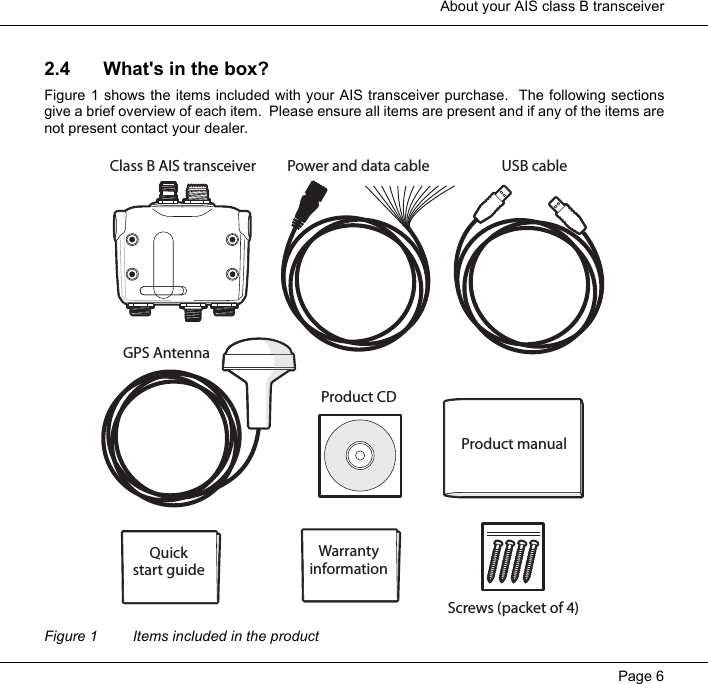  About your AIS class B transceiverPage 62.4 What's in the box?Figure 1 shows the items included with your AIS transceiver purchase.  The following sectionsgive a brief overview of each item.  Please ensure all items are present and if any of the items arenot present contact your dealer.  Figure 1 Items included in the productScrews (packet of 4)Product CDQuickstart guideProduct manualGPS AntennaClass B AIS transceiver Power and data cable USB cableWarrantyinformation