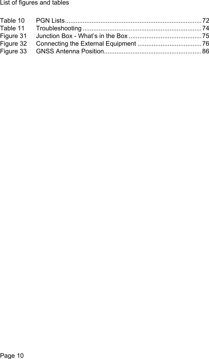 List of figures and tablesPage 10Table 10  PGN Lists............................................................................. 72Table 11  Troubleshooting ...................................................................74Figure 31  Junction Box - What&rsquo;s in the Box ......................................... 75Figure 32  Connecting the External Equipment ....................................76Figure 33  GNSS Antenna Position....................................................... 86