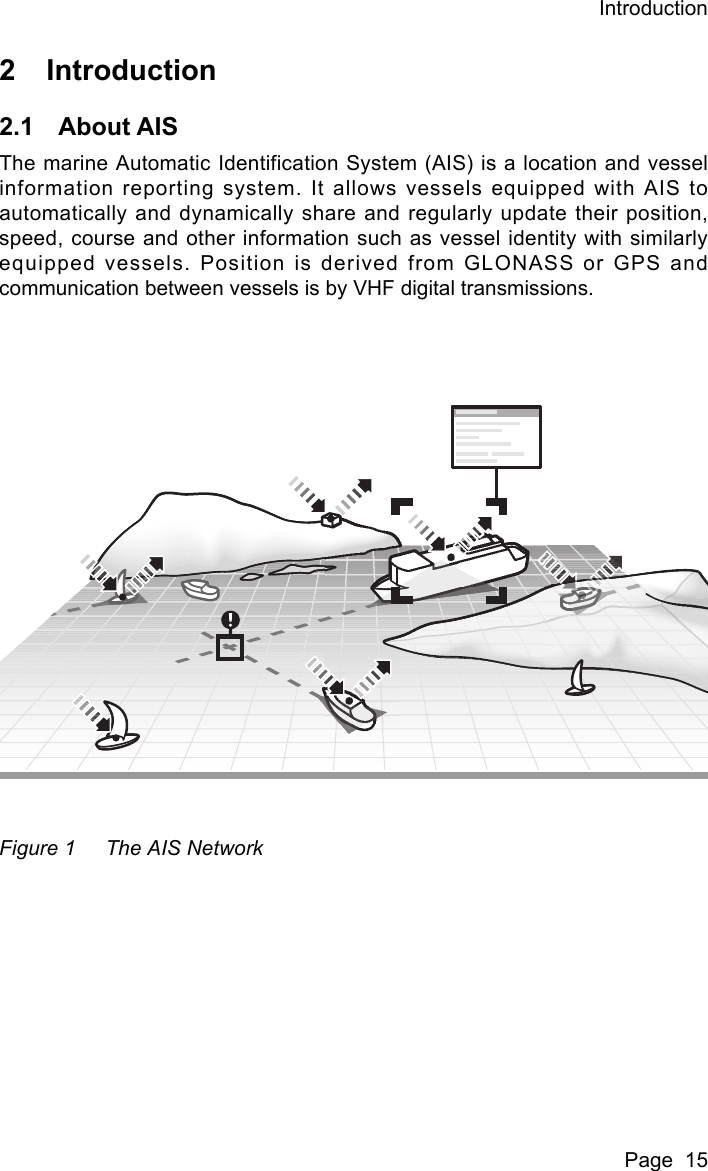 IntroductionPage  152 Introduction2.1 About AISThe marine Automatic Identification System (AIS) is a location and vesselinformation reporting system. It allows vessels equipped with AIS toautomatically and dynamically share and regularly update their position,speed, course and other information such as vessel identity with similarlyequipped vessels. Position is derived from GLONASS or GPS andcommunication between vessels is by VHF digital transmissions. Figure 1 The AIS Network