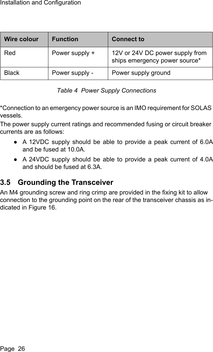 Installation and ConfigurationPage  26Table 4  Power Supply Connections*Connection to an emergency power source is an IMO requirement for SOLAS vessels.The power supply current ratings and recommended fusing or circuit breaker currents are as follows: ●A 12VDC supply should be able to provide a peak current of 6.0Aand be fused at 10.0A.●A 24VDC supply should be able to provide a peak current of 4.0Aand should be fused at 6.3A. 3.5 Grounding the TransceiverAn M4 grounding screw and ring crimp are provided in the fixing kit to allow connection to the grounding point on the rear of the transceiver chassis as in-dicated in Figure 16.Wire colour Function Connect toRed Power supply + 12V or 24V DC power supply from ships emergency power source*Black Power supply - Power supply ground