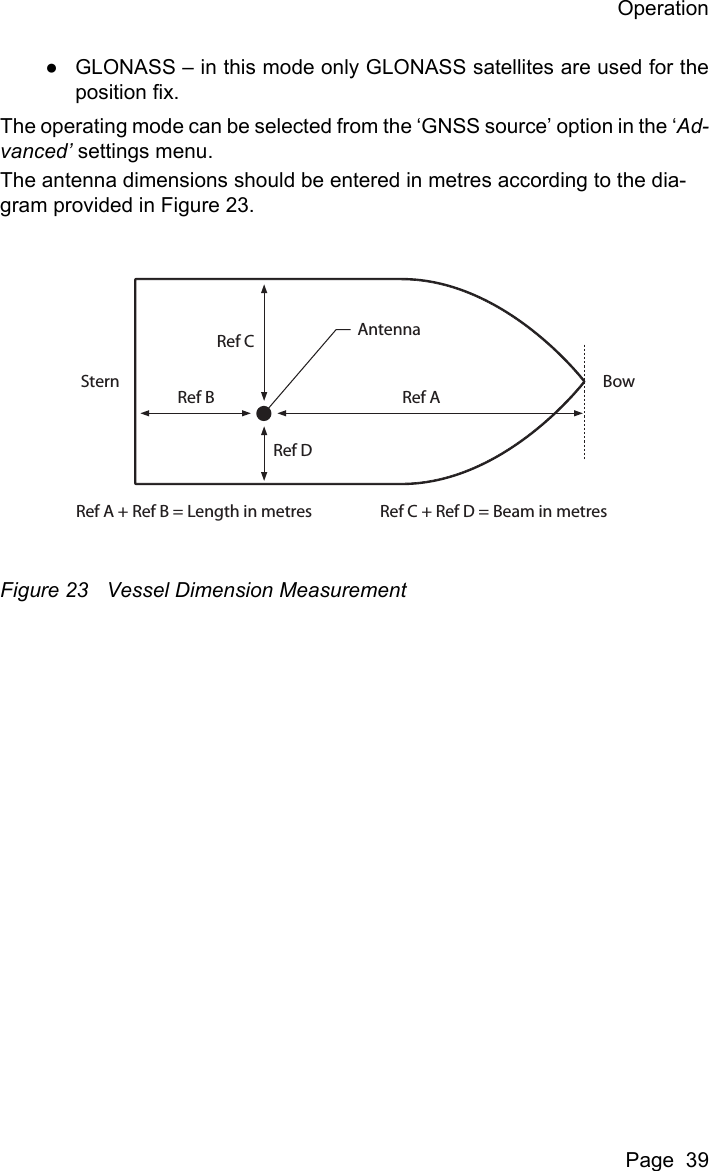 OperationPage  39●GLONASS &ndash; in this mode only GLONASS satellites are used for theposition fix.The operating mode can be selected from the &lsquo;GNSS source&rsquo; option in the &lsquo;Ad-vanced&rsquo; settings menu.The antenna dimensions should be entered in metres according to the dia-gram provided in Figure 23. Figure 23 Vessel Dimension MeasurementRef AAntennaRef A + Ref B = Length in metres Ref C + Ref D = Beam in metresRef BStern BowRef CRef D