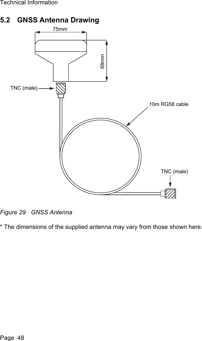 Technical InformationPage  485.2 GNSS Antenna DrawingFigure 29 GNSS Antenna* The dimensions of the supplied antenna may vary from those shown here.68mm75mmTNC (male)TNC (male)10m RG58 cable
