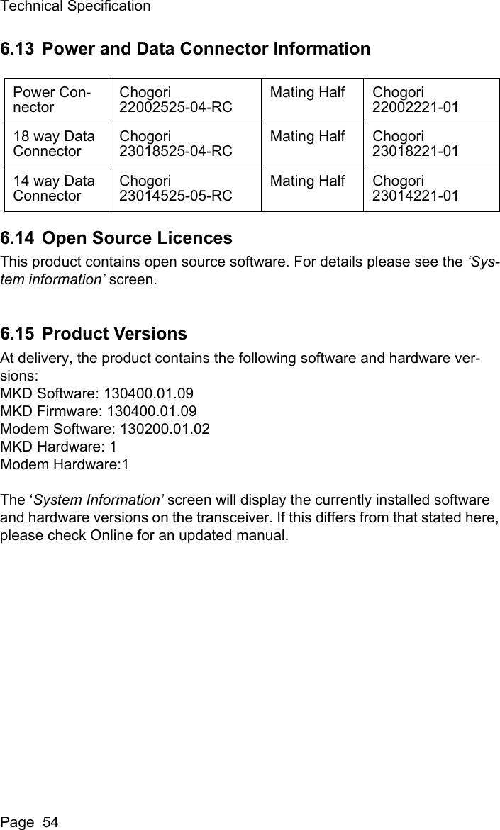 Technical SpecificationPage  546.13 Power and Data Connector Information6.14 Open Source LicencesThis product contains open source software. For details please see the &lsquo;Sys-tem information&rsquo; screen.6.15 Product VersionsAt delivery, the product contains the following software and hardware ver-sions:MKD Software: 130400.01.09MKD Firmware: 130400.01.09Modem Software: 130200.01.02MKD Hardware: 1Modem Hardware:1The &lsquo;System Information&rsquo; screen will display the currently installed software and hardware versions on the transceiver. If this differs from that stated here, please check Online for an updated manual.Power Con-nectorChogori22002525-04-RCMating Half Chogori22002221-0118 way Data ConnectorChogori23018525-04-RCMating Half Chogori23018221-0114 way Data ConnectorChogori23014525-05-RCMating Half Chogori23014221-01