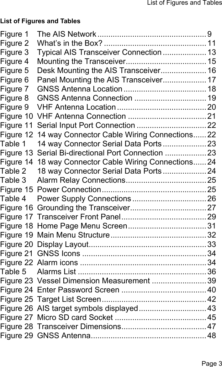 List of Figures and TablesPage 3List of Figures and TablesFigure 1  The AIS Network .................................................. 9Figure 2  What&rsquo;s in the Box? ............................................... 11Figure 3  Typical AIS Transceiver Connection .................... 13Figure 4  Mounting the Transceiver..................................... 15Figure 5  Desk Mounting the AIS Transceiver..................... 16Figure 6  Panel Mounting the AIS Transceiver.................... 17Figure 7  GNSS Antenna Location ...................................... 18Figure 8  GNSS Antenna Connection ................................. 19Figure 9  VHF Antenna Location ......................................... 20Figure 10  VHF Antenna Connection .................................... 21Figure 11  Serial Input Port Connection ................................ 22Figure 12  14 way Connector Cable Wiring Connections...... 22Table 1  14 way Connector Serial Data Ports .................... 23Figure 13  Serial Bi-directional Port Connection ................... 23Figure 14  18 way Connector Cable Wiring Connections...... 24Table 2  18 way Connector Serial Data Ports .................... 24Table 3  Alarm Relay Connections..................................... 25Figure 15  Power Connection................................................ 25Table 4  Power Supply Connections .................................. 26Figure 16  Grounding the Transceiver................................... 27Figure 17  Transceiver Front Panel....................................... 29Figure 18  Home Page Menu Screen.................................... 31Figure 19  Main Menu Structure............................................ 32Figure 20  Display Layout...................................................... 33Figure 21  GNSS Icons ......................................................... 34Figure 22  Alarm icons .......................................................... 34Table 5  Alarms List ........................................................... 36Figure 23  Vessel Dimension Measurement ......................... 39Figure 24  Enter Password Screen ....................................... 40Figure 25  Target List Screen................................................ 42Figure 26  AIS target symbols displayed............................... 43Figure 27  Micro SD card Socket .......................................... 45Figure 28  Transceiver Dimensions....................................... 47Figure 29  GNSS Antenna..................................................... 48