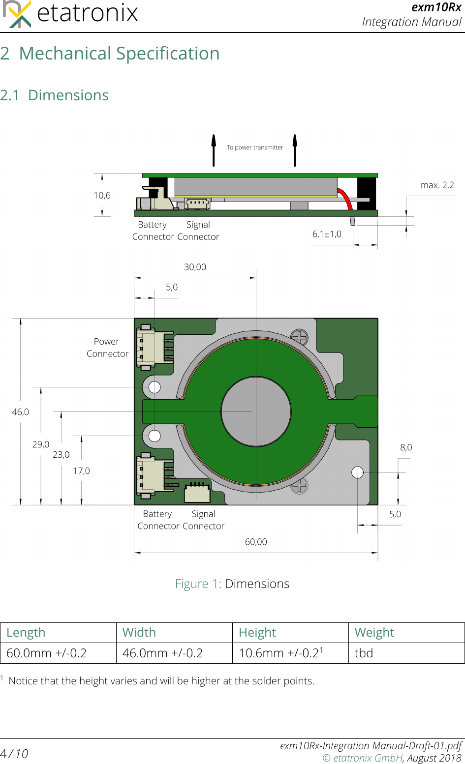 etatronix exm10RxIntegration Manual2 Mechanical Speciﬁcation2.1 DimensionsFigure 1: DimensionsLength Width Height Weight60.0mm +/-0.2 46.0mm +/-0.2 10.6mm +/-0.21tbd1Notice that the height varies and will be higher at the solder points.4/ 10 exm10Rx-Integration Manual-Draft-01.pdf© etatronix GmbH, August 2018