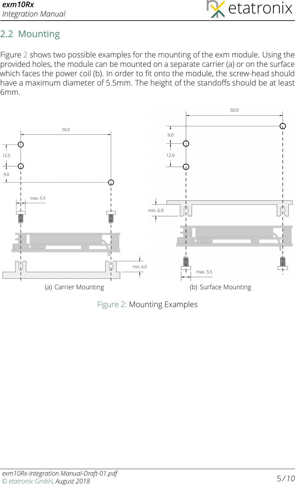 exm10RxIntegration Manual etatronix2.2 MountingFigure 2shows two possible examples for the mounting of the exm module. Using theprovided holes, the module can be mounted on a separate carrier (a) or on the surfacewhich faces the power coil (b). In order to ﬁt onto the module, the screw-head shouldhave a maximum diameter of 5.5mm. The height of the standoﬀs should be at least6mm.(a) Carrier Mounting (b) Surface MountingFigure 2: Mounting Examplesexm10Rx-Integration Manual-Draft-01.pdf© etatronix GmbH, August 2018 5/ 10