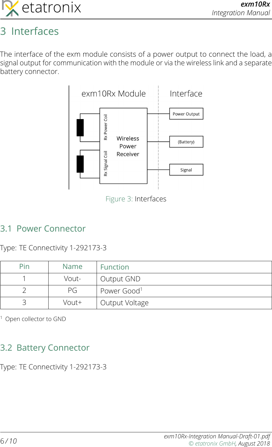 etatronix exm10RxIntegration Manual3InterfacesThe interface of the exm module consists of a power output to connect the load, asignal output for communication with the module or via the wireless link and a separatebattery connector.Figure 3: Interfaces3.1 Power ConnectorType: TE Connectivity 1-292173-3Pin Name Function1 Vout- Output GND2 PG Power Good13 Vout+ Output Voltage1Open collector to GND3.2 Battery ConnectorType: TE Connectivity 1-292173-36/ 10 exm10Rx-Integration Manual-Draft-01.pdf© etatronix GmbH, August 2018