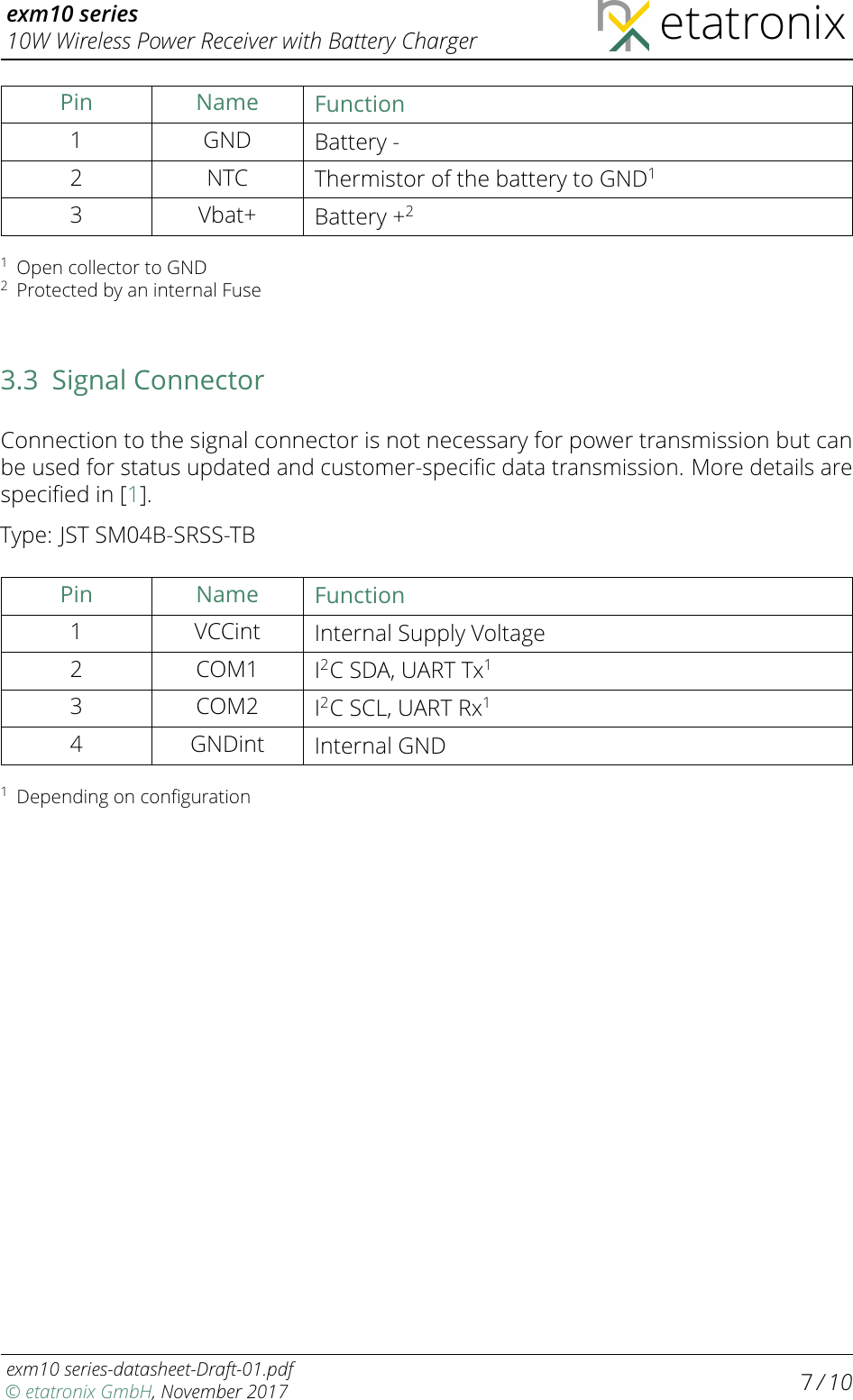 exm10 series10W Wireless Power Receiver with Battery Charger etatronixPin Name Function1 GND Battery -2 NTC Thermistor of the battery to GND13 Vbat+ Battery +21Open collector to GND2Protected by an internal Fuse3.3 Signal ConnectorConnection to the signal connector is not necessary for power transmission but canbe used for status updated and customer-speciﬁc data transmission. More details arespeciﬁed in [1].Type: JST SM04B-SRSS-TBPin Name Function1 VCCint Internal Supply Voltage2 COM1 I2C SDA, UART Tx13 COM2 I2C SCL, UART Rx14 GNDint Internal GND1Depending on conﬁgurationexm10 series-datasheet-Draft-01.pdf© etatronix GmbH, November 2017 7/ 10
