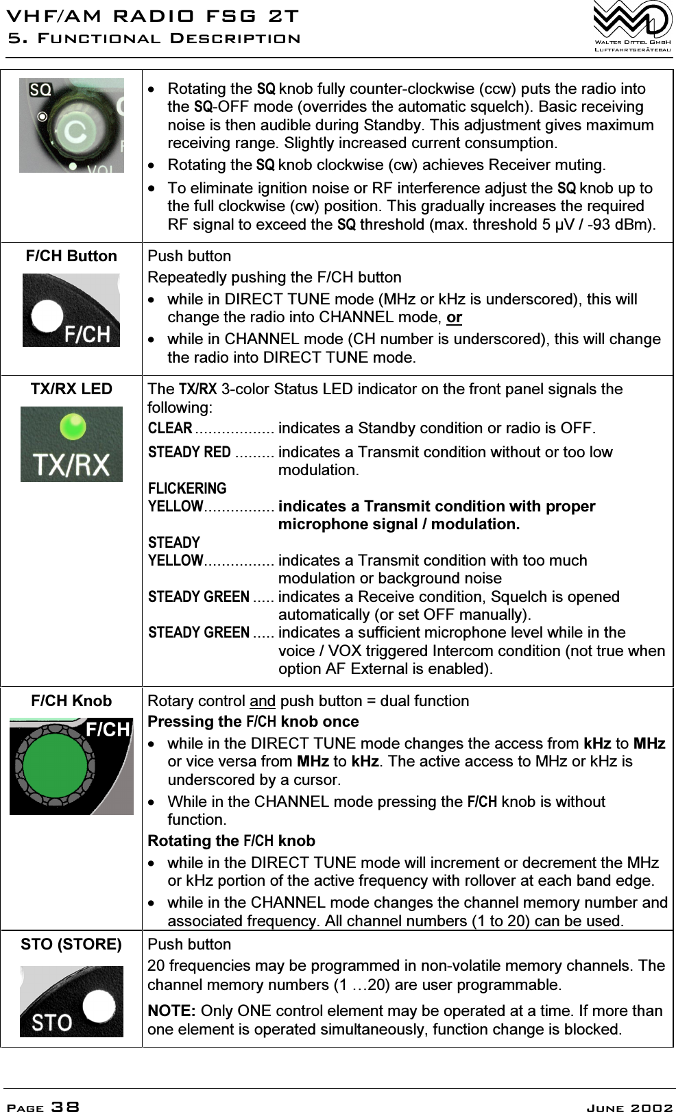 9+)$05$',2)6*7)XQFWLRQDO'HVFULSWLRQ3DJH -XQH 5RWDWLQJWKH64NQREIXOO\FRXQWHUFORFNZLVHFFZSXWVWKHUDGLRLQWRWKH642))PRGHRYHUULGHVWKHDXWRPDWLFVTXHOFK%DVLFUHFHLYLQJQRLVHLVWKHQDXGLEOHGXULQJ6WDQGE\7KLVDGMXVWPHQWJLYHVPD[LPXPUHFHLYLQJUDQJH6OLJKWO\LQFUHDVHGFXUUHQWFRQVXPSWLRQ 5RWDWLQJWKH64NQREFORFNZLVHFZDFKLHYHV5HFHLYHUPXWLQJ7RHOLPLQDWHLJQLWLRQQRLVHRU5)LQWHUIHUHQFHDGMXVWWKH64NQREXSWRWKHIXOOFORFNZLVHFZSRVLWLRQ7KLVJUDGXDOO\LQFUHDVHVWKHUHTXLUHG5)VLJQDOWRH[FHHGWKH64WKUHVKROGPD[WKUHVKROG9G%P)&amp;+%XWWRQ 3XVKEXWWRQ5HSHDWHGO\SXVKLQJWKH)&amp;+EXWWRQ ZKLOHLQ',5(&amp;7781(PRGH0+]RUN+]LVXQGHUVFRUHGWKLVZLOOFKDQJHWKHUDGLRLQWR&amp;+$11(/PRGHRU ZKLOHLQ&amp;+$11(/PRGH&amp;+QXPEHULVXQGHUVFRUHGWKLVZLOOFKDQJHWKHUDGLRLQWR',5(&amp;7781(PRGH7;5;/(' 7KH7;5;FRORU6WDWXV/('LQGLFDWRURQWKHIURQWSDQHOVLJQDOVWKHIROORZLQJ&amp;/($5  LQGLFDWHVD6WDQGE\FRQGLWLRQRUUDGLRLV2))67($'<5('  LQGLFDWHVD7UDQVPLWFRQGLWLRQZLWKRXWRUWRRORZPRGXODWLRQ)/,&amp;.(5,1*<(//2: LQGLFDWHVD7UDQVPLWFRQGLWLRQZLWKSURSHUPLFURSKRQHVLJQDOPRGXODWLRQ67($'<<(//2: LQGLFDWHVD7UDQVPLWFRQGLWLRQZLWKWRRPXFKPRGXODWLRQRUEDFNJURXQGQRLVH67($'<*5((1  LQGLFDWHVD5HFHLYHFRQGLWLRQ6TXHOFKLVRSHQHGDXWRPDWLFDOO\RUVHW2))PDQXDOO\67($'<*5((1  LQGLFDWHVDVXIILFLHQWPLFURSKRQHOHYHOZKLOHLQWKHYRLFH92;WULJJHUHG,QWHUFRPFRQGLWLRQQRWWUXHZKHQRSWLRQ$)([WHUQDOLVHQDEOHG)&amp;+.QRE 5RWDU\FRQWURODQGSXVKEXWWRQ GXDOIXQFWLRQ3UHVVLQJWKH)&amp;+NQRERQFH ZKLOHLQWKH',5(&amp;7781(PRGHFKDQJHVWKHDFFHVVIURPN+]WR0+]RUYLFHYHUVDIURP0+]WRN+]7KHDFWLYHDFFHVVWR0+]RUN+]LVXQGHUVFRUHGE\DFXUVRU :KLOHLQWKH&amp;+$11(/PRGHSUHVVLQJWKH)&amp;+NQRELVZLWKRXWIXQFWLRQ5RWDWLQJWKH)&amp;+NQRE ZKLOHLQWKH',5(&amp;7781(PRGHZLOOLQFUHPHQWRUGHFUHPHQWWKH0+]RUN+]SRUWLRQRIWKHDFWLYHIUHTXHQF\ZLWKUROORYHUDWHDFKEDQGHGJH ZKLOHLQWKH&amp;+$11(/PRGHFKDQJHVWKHFKDQQHOPHPRU\QXPEHUDQGDVVRFLDWHGIUHTXHQF\$OOFKDQQHOQXPEHUVWRFDQEHXVHG6726725( 3XVKEXWWRQIUHTXHQFLHVPD\EHSURJUDPPHGLQQRQYRODWLOHPHPRU\FKDQQHOV7KHFKDQQHOPHPRU\QXPEHUV&iexcl;DUHXVHUSURJUDPPDEOH127(2QO\21(FRQWUROHOHPHQWPD\EHRSHUDWHGDWDWLPH,IPRUHWKDQRQHHOHPHQWLVRSHUDWHGVLPXOWDQHRXVO\IXQFWLRQFKDQJHLVEORFNHG
