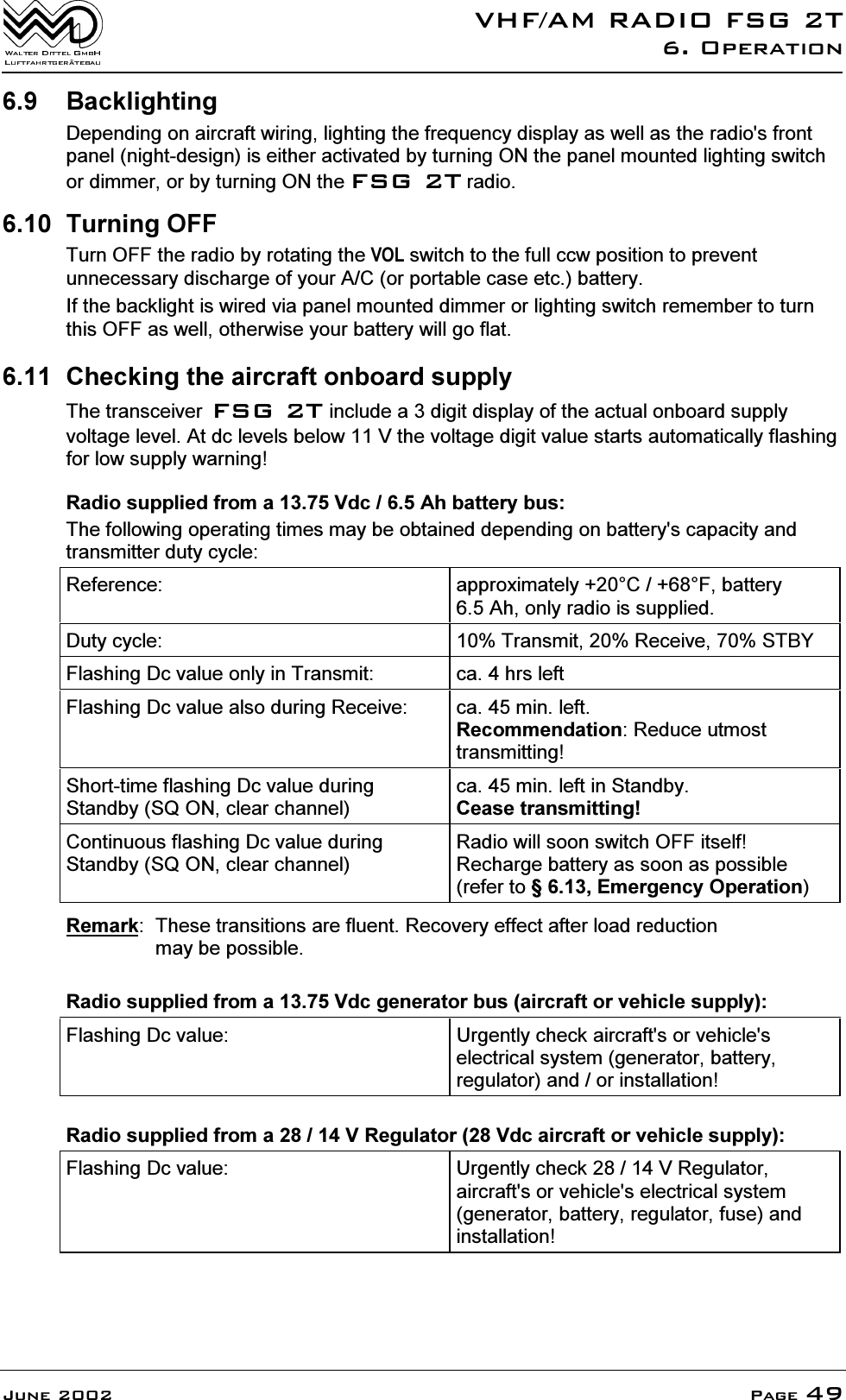 9+)$05$',2)6*72SHUDWLRQ-XQH 3DJH %DFNOLJKWLQJ'HSHQGLQJRQDLUFUDIWZLULQJOLJKWLQJWKHIUHTXHQF\GLVSOD\DVZHOODVWKHUDGLRVIURQWSDQHOQLJKWGHVLJQLVHLWKHUDFWLYDWHGE\WXUQLQJ21WKHSDQHOPRXQWHGOLJKWLQJVZLWFKRUGLPPHURUE\WXUQLQJ21WKH)6*7UDGLR 7XUQLQJ2))7XUQ2))WKHUDGLRE\URWDWLQJWKH92/VZLWFKWRWKHIXOOFFZSRVLWLRQWRSUHYHQWXQQHFHVVDU\GLVFKDUJHRI\RXU$&amp;RUSRUWDEOHFDVHHWFEDWWHU\,IWKHEDFNOLJKWLVZLUHGYLDSDQHOPRXQWHGGLPPHURUOLJKWLQJVZLWFKUHPHPEHUWRWXUQWKLV2))DVZHOORWKHUZLVH\RXUEDWWHU\ZLOOJRIODW &amp;KHFNLQJWKHDLUFUDIWRQERDUGVXSSO\7KHWUDQVFHLYHU)6*7LQFOXGHDGLJLWGLVSOD\RIWKHDFWXDORQERDUGVXSSO\YROWDJHOHYHO$WGFOHYHOVEHORZ9WKHYROWDJHGLJLWYDOXHVWDUWVDXWRPDWLFDOO\IODVKLQJIRUORZVXSSO\ZDUQLQJ5DGLRVXSSOLHGIURPD9GF$KEDWWHU\EXV7KHIROORZLQJRSHUDWLQJWLPHVPD\EHREWDLQHGGHSHQGLQJRQEDWWHU\VFDSDFLW\DQGWUDQVPLWWHUGXW\F\FOH5HIHUHQFH DSSUR[LPDWHO\&amp;)EDWWHU\$KRQO\UDGLRLVVXSSOLHG'XW\F\FOH 7UDQVPLW5HFHLYH67%<)ODVKLQJ'FYDOXHRQO\LQ7UDQVPLW FDKUVOHIW)ODVKLQJ'FYDOXHDOVRGXULQJ5HFHLYH FDPLQOHIW5HFRPPHQGDWLRQ5HGXFHXWPRVWWUDQVPLWWLQJ6KRUWWLPHIODVKLQJ'FYDOXHGXULQJ6WDQGE\6421FOHDUFKDQQHOFDPLQOHIWLQ6WDQGE\&amp;HDVHWUDQVPLWWLQJ&amp;RQWLQXRXVIODVKLQJ'FYDOXHGXULQJ6WDQGE\6421FOHDUFKDQQHO5DGLRZLOOVRRQVZLWFK2))LWVHOI5HFKDUJHEDWWHU\DVVRRQDVSRVVLEOHUHIHUWR(PHUJHQF\2SHUDWLRQ5HPDUN 7KHVHWUDQVLWLRQVDUHIOXHQW5HFRYHU\HIIHFWDIWHUORDGUHGXFWLRQPD\EHSRVVLEOH5DGLRVXSSOLHGIURPD9GFJHQHUDWRUEXVDLUFUDIWRUYHKLFOHVXSSO\)ODVKLQJ'FYDOXH 8UJHQWO\FKHFNDLUFUDIWVRUYHKLFOHVHOHFWULFDOV\VWHPJHQHUDWRUEDWWHU\UHJXODWRUDQGRULQVWDOODWLRQ5DGLRVXSSOLHGIURPD95HJXODWRU9GFDLUFUDIWRUYHKLFOHVXSSO\)ODVKLQJ'FYDOXH 8UJHQWO\FKHFN95HJXODWRUDLUFUDIWVRUYHKLFOHVHOHFWULFDOV\VWHPJHQHUDWRUEDWWHU\UHJXODWRUIXVHDQGLQVWDOODWLRQ