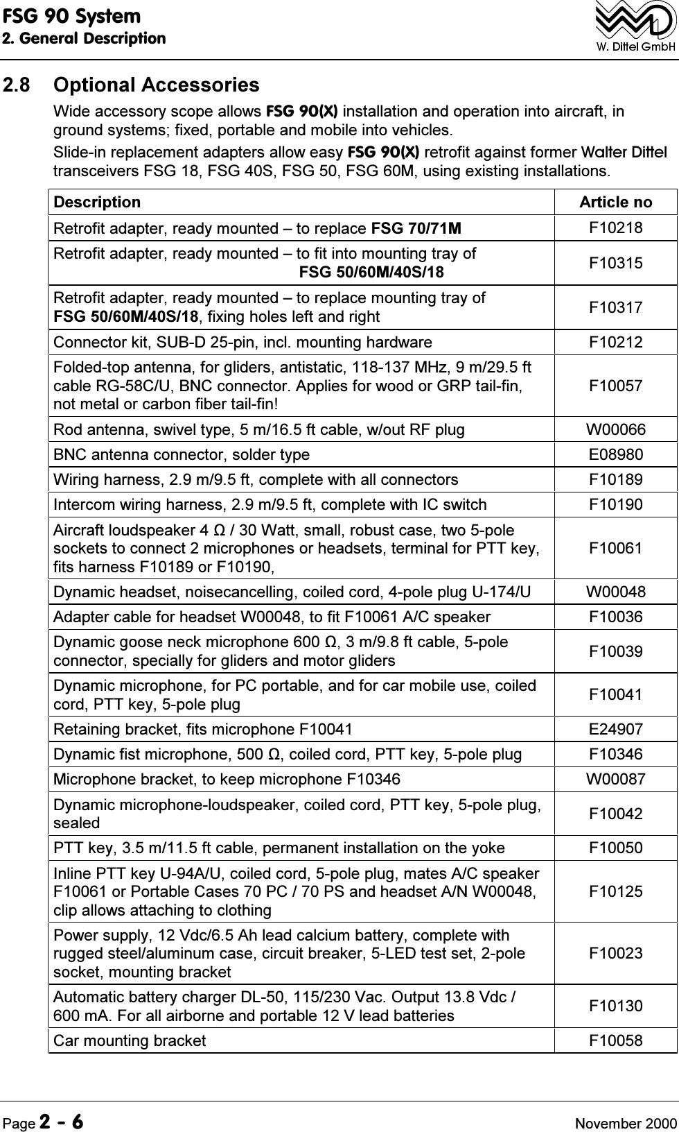 )6*6\VWHP*HQHUDO'HVFULSWLRQ3DJH 1RYHPEHU 2SWLRQDO$FFHVVRULHV:LGHDFFHVVRU\VFRSHDOORZV)6*;LQVWDOODWLRQDQGRSHUDWLRQLQWRDLUFUDIWLQJURXQGV\VWHPVIL[HGSRUWDEOHDQGPRELOHLQWRYHKLFOHV6OLGHLQUHSODFHPHQWDGDSWHUVDOORZHDV\)6*;UHWURILWDJDLQVWIRUPHU:DOWHU'LWWHOWUDQVFHLYHUV)6*)6*6)6*)6*0XVLQJH[LVWLQJLQVWDOODWLRQV'HVFULSWLRQ $UWLFOHQR5HWURILWDGDSWHUUHDG\PRXQWHG&plusmn;WRUHSODFH)6*0 )5HWURILWDGDSWHUUHDG\PRXQWHG&plusmn;WRILWLQWRPRXQWLQJWUD\RI)6*06 )5HWURILWDGDSWHUUHDG\PRXQWHG&plusmn;WRUHSODFHPRXQWLQJWUD\RI)6*06IL[LQJKROHVOHIWDQGULJKW )&amp;RQQHFWRUNLW68%'SLQLQFOPRXQWLQJKDUGZDUH ))ROGHGWRSDQWHQQDIRUJOLGHUVDQWLVWDWLF0+]PIWFDEOH5*&amp;8%1&amp;FRQQHFWRU$SSOLHVIRUZRRGRU*53WDLOILQQRWPHWDORUFDUERQILEHUWDLOILQ)5RGDQWHQQDVZLYHOW\SHPIWFDEOHZRXW5)SOXJ :%1&amp;DQWHQQDFRQQHFWRUVROGHUW\SH (:LULQJKDUQHVVPIWFRPSOHWHZLWKDOOFRQQHFWRUV ),QWHUFRPZLULQJKDUQHVVPIWFRPSOHWHZLWK,&amp;VZLWFK )$LUFUDIWORXGVSHDNHU:DWWVPDOOUREXVWFDVHWZRSROHVRFNHWVWRFRQQHFWPLFURSKRQHVRUKHDGVHWVWHUPLQDOIRU377NH\ILWVKDUQHVV)RU))'\QDPLFKHDGVHWQRLVHFDQFHOOLQJFRLOHGFRUGSROHSOXJ88 :$GDSWHUFDEOHIRUKHDGVHW:WRILW)$&amp;VSHDNHU )'\QDPLFJRRVHQHFNPLFURSKRQHPIWFDEOHSROHFRQQHFWRUVSHFLDOO\IRUJOLGHUVDQGPRWRUJOLGHUV )'\QDPLFPLFURSKRQHIRU3&amp;SRUWDEOHDQGIRUFDUPRELOHXVHFRLOHGFRUG377NH\SROHSOXJ )5HWDLQLQJEUDFNHWILWVPLFURSKRQH) ('\QDPLFILVWPLFURSKRQHFRLOHGFRUG377NH\SROHSOXJ )0LFURSKRQHEUDFNHWWRNHHSPLFURSKRQH) :'\QDPLFPLFURSKRQHORXGVSHDNHUFRLOHGFRUG377NH\SROHSOXJVHDOHG )377NH\PIWFDEOHSHUPDQHQWLQVWDOODWLRQRQWKH\RNH ),QOLQH377NH\8$8FRLOHGFRUGSROHSOXJPDWHV$&amp;VSHDNHU)RU3RUWDEOH&amp;DVHV3&amp;36DQGKHDGVHW$1:FOLSDOORZVDWWDFKLQJWRFORWKLQJ)3RZHUVXSSO\9GF$KOHDGFDOFLXPEDWWHU\FRPSOHWHZLWKUXJJHGVWHHODOXPLQXPFDVHFLUFXLWEUHDNHU/('WHVWVHWSROHVRFNHWPRXQWLQJEUDFNHW)$XWRPDWLFEDWWHU\FKDUJHU'/9DF2XWSXW9GFP$)RUDOODLUERUQHDQGSRUWDEOH9OHDGEDWWHULHV )&amp;DUPRXQWLQJEUDFNHW )