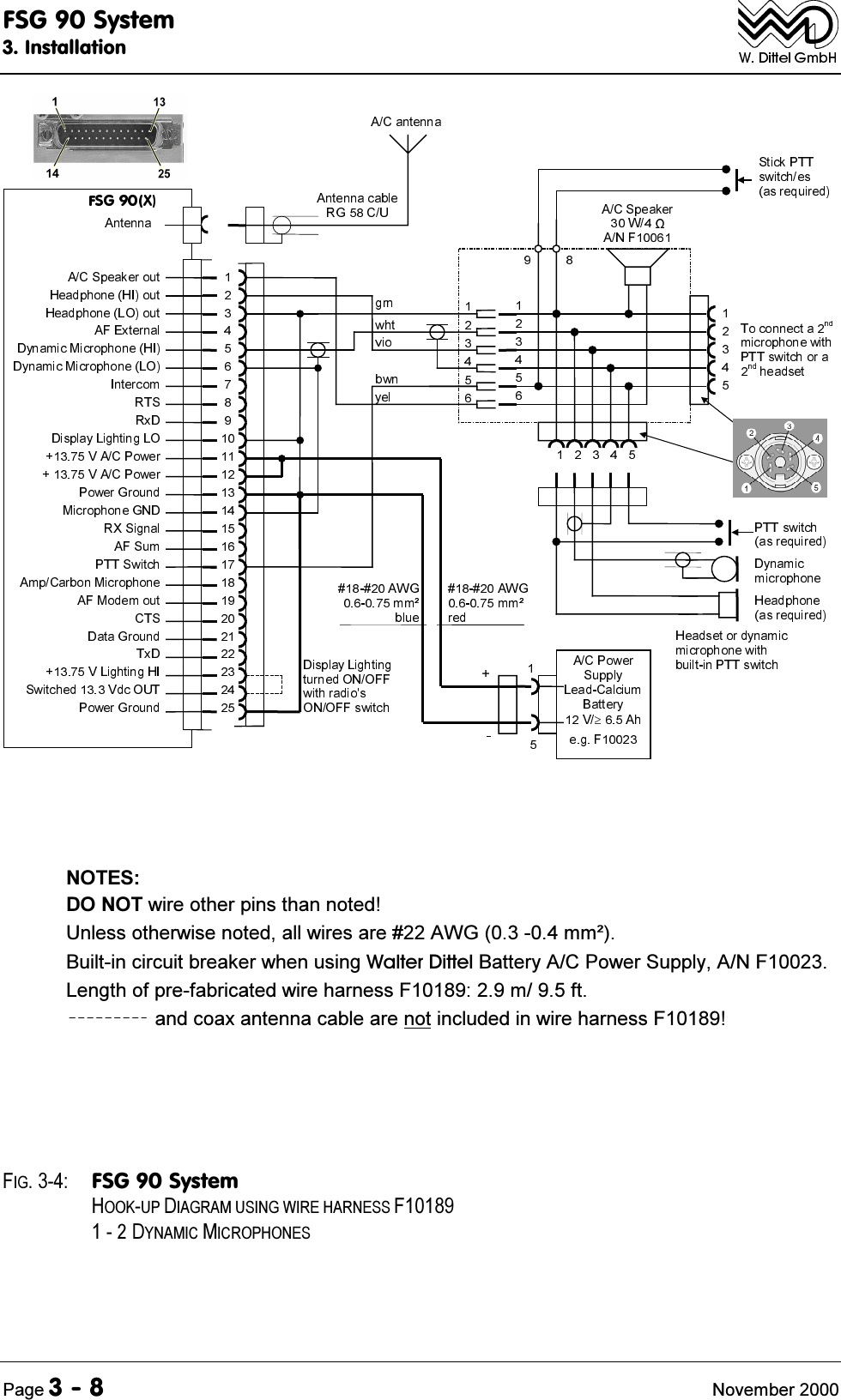 )6*6\VWHP,QVWDOODWLRQ3DJH 1RYHPEHU127(6'2127ZLUHRWKHUSLQVWKDQQRWHG8QOHVVRWKHUZLVHQRWHGDOOZLUHVDUH$:*PP&eth;%XLOWLQFLUFXLWEUHDNHUZKHQXVLQJ:DOWHU'LWWHO%DWWHU\$&amp;3RZHU6XSSO\$1)/HQJWKRISUHIDEULFDWHGZLUHKDUQHVV)PIWDQGFRD[DQWHQQDFDEOHDUHQRWLQFOXGHGLQZLUHKDUQHVV)),* )6*6\VWHP+22.83',$*5$086,1*:,5(+$51(66)'<1$0,&amp;0,&amp;523+21(6