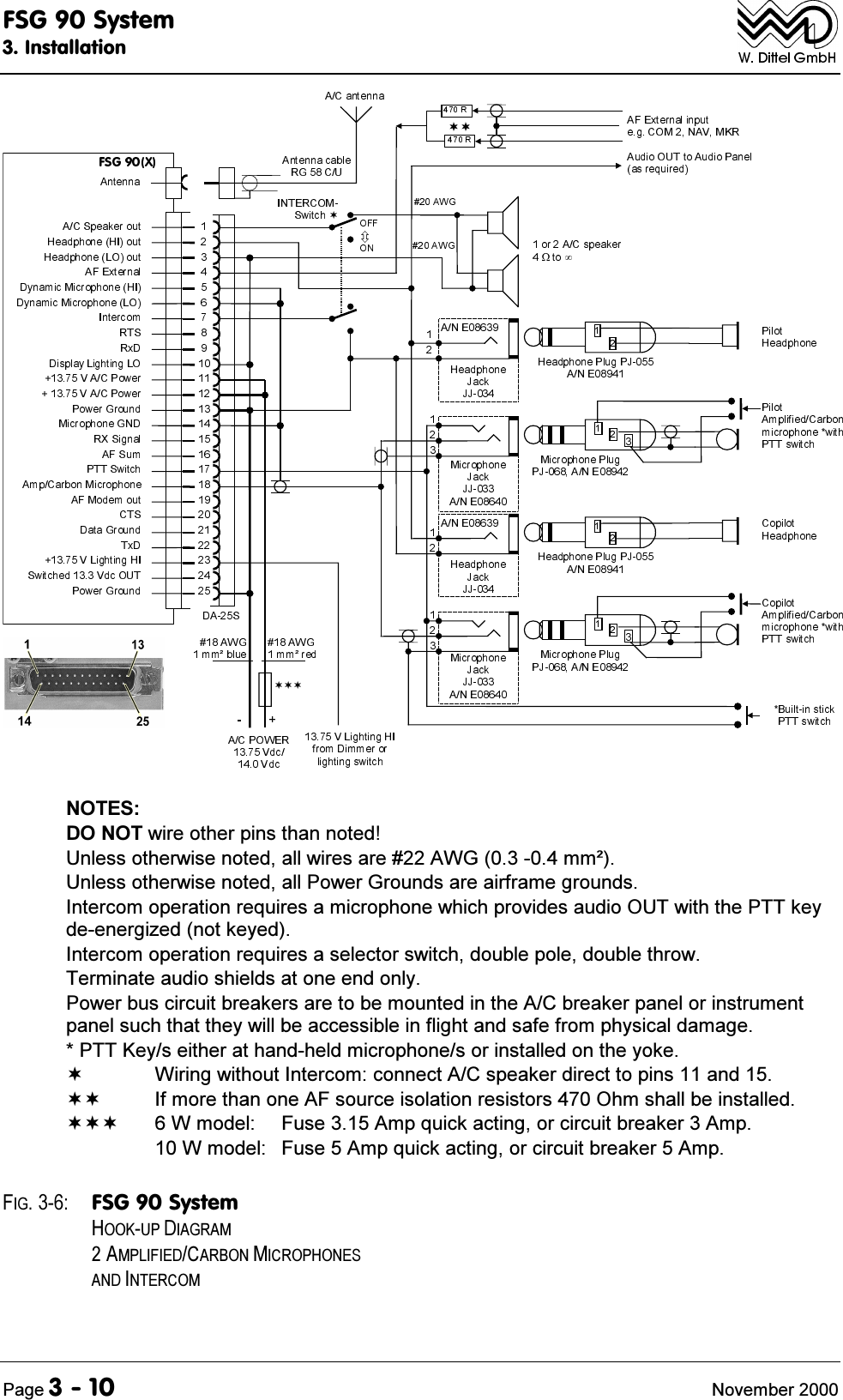 )6*6\VWHP,QVWDOODWLRQ3DJH 1RYHPEHU127(6'2127ZLUHRWKHUSLQVWKDQQRWHG8QOHVVRWKHUZLVHQRWHGDOOZLUHVDUH$:*PP&eth;8QOHVVRWKHUZLVHQRWHGDOO3RZHU*URXQGVDUHDLUIUDPHJURXQGV,QWHUFRPRSHUDWLRQUHTXLUHVDPLFURSKRQHZKLFKSURYLGHVDXGLR287ZLWKWKH377NH\GHHQHUJL]HGQRWNH\HG,QWHUFRPRSHUDWLRQUHTXLUHVDVHOHFWRUVZLWFKGRXEOHSROHGRXEOHWKURZ7HUPLQDWHDXGLRVKLHOGVDWRQHHQGRQO\3RZHUEXVFLUFXLWEUHDNHUVDUHWREHPRXQWHGLQWKH$&amp;EUHDNHUSDQHORULQVWUXPHQWSDQHOVXFKWKDWWKH\ZLOOEHDFFHVVLEOHLQIOLJKWDQGVDIHIURPSK\VLFDOGDPDJH377.H\VHLWKHUDWKDQGKHOGPLFURSKRQHVRULQVWDOOHGRQWKH\RNH:LULQJZLWKRXW,QWHUFRPFRQQHFW$&amp;VSHDNHUGLUHFWWRSLQVDQG ,IPRUHWKDQRQH$)VRXUFHLVRODWLRQUHVLVWRUV2KPVKDOOEHLQVWDOOHG :PRGHO )XVH$PSTXLFNDFWLQJRUFLUFXLWEUHDNHU$PS:PRGHO )XVH$PSTXLFNDFWLQJRUFLUFXLWEUHDNHU$PS),* )6*6\VWHP+22.83',$*5$0$03/,),('&amp;$5%210,&amp;523+21(6$1',17(5&amp;20