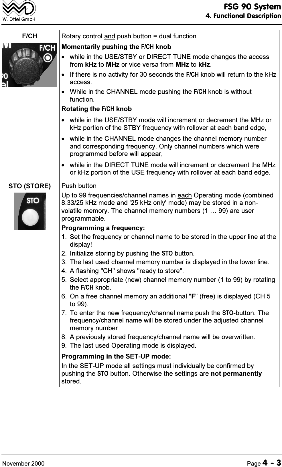 )6*6\VWHP)XQFWLRQDO'HVFULSWLRQ1RYHPEHU 3DJH)&amp;+ 5RWDU\FRQWURODQGSXVKEXWWRQ GXDOIXQFWLRQ0RPHQWDULO\SXVKLQJWKH)&amp;+NQRE ZKLOHLQWKH86(67%<RU',5(&amp;7781(PRGHFKDQJHVWKHDFFHVVIURPN+]WR0+]RUYLFHYHUVDIURP0+]WRN+] ,IWKHUHLVQRDFWLYLW\IRUVHFRQGVWKH)&amp;+NQREZLOOUHWXUQWRWKHN+]DFFHVV :KLOHLQWKH&amp;+$11(/PRGHSXVKLQJWKH)&amp;+NQRELVZLWKRXWIXQFWLRQ5RWDWLQJWKH)&amp;+NQRE ZKLOHLQWKH86(67%<PRGHZLOOLQFUHPHQWRUGHFUHPHQWWKH0+]RUN+]SRUWLRQRIWKH67%<IUHTXHQF\ZLWKUROORYHUDWHDFKEDQGHGJH ZKLOHLQWKH&amp;+$11(/PRGHFKDQJHVWKHFKDQQHOPHPRU\QXPEHUDQGFRUUHVSRQGLQJIUHTXHQF\2QO\FKDQQHOQXPEHUVZKLFKZHUHSURJUDPPHGEHIRUHZLOODSSHDU ZKLOHLQWKH',5(&amp;7781(PRGHZLOOLQFUHPHQWRUGHFUHPHQWWKH0+]RUN+]SRUWLRQRIWKH86(IUHTXHQF\ZLWKUROORYHUDWHDFKEDQGHGJH6726725( 3XVKEXWWRQ8SWRIUHTXHQFLHVFKDQQHOQDPHVLQHDFK2SHUDWLQJPRGHFRPELQHGN+]PRGHDQGN+]RQO\PRGHPD\EHVWRUHGLQDQRQYRODWLOHPHPRU\7KHFKDQQHOPHPRU\QXPEHUV&iexcl;DUHXVHUSURJUDPPDEOH3URJUDPPLQJDIUHTXHQF\ 6HWWKHIUHTXHQF\RUFKDQQHOQDPHWREHVWRUHGLQWKHXSSHUOLQHDWWKHGLVSOD\ ,QLWLDOL]HVWRULQJE\SXVKLQJWKH672EXWWRQ 7KHODVWXVHGFKDQQHOPHPRU\QXPEHULVGLVSOD\HGLQWKHORZHUOLQH $IODVKLQJ&amp;+VKRZVUHDG\WRVWRUH 6HOHFWDSSURSULDWHQHZFKDQQHOPHPRU\QXPEHUWRE\URWDWLQJWKH)&amp;+NQRE 2QDIUHHFKDQQHOPHPRU\DQDGGLWLRQDO)IUHHLVGLVSOD\HG&amp;+WR 7RHQWHUWKHQHZIUHTXHQF\FKDQQHOQDPHSXVKWKH672EXWWRQ7KHIUHTXHQF\FKDQQHOQDPHZLOOEHVWRUHGXQGHUWKHDGMXVWHGFKDQQHOPHPRU\QXPEHU $SUHYLRXVO\VWRUHGIUHTXHQF\FKDQQHOQDPHZLOOEHRYHUZULWWHQ 7KHODVWXVHG2SHUDWLQJPRGHLVGLVSOD\HG3URJUDPPLQJLQWKH6(783PRGH,QWKH6(783PRGHDOOVHWWLQJVPXVWLQGLYLGXDOO\EHFRQILUPHGE\SXVKLQJWKH672EXWWRQ2WKHUZLVHWKHVHWWLQJVDUHQRWSHUPDQHQWO\VWRUHG