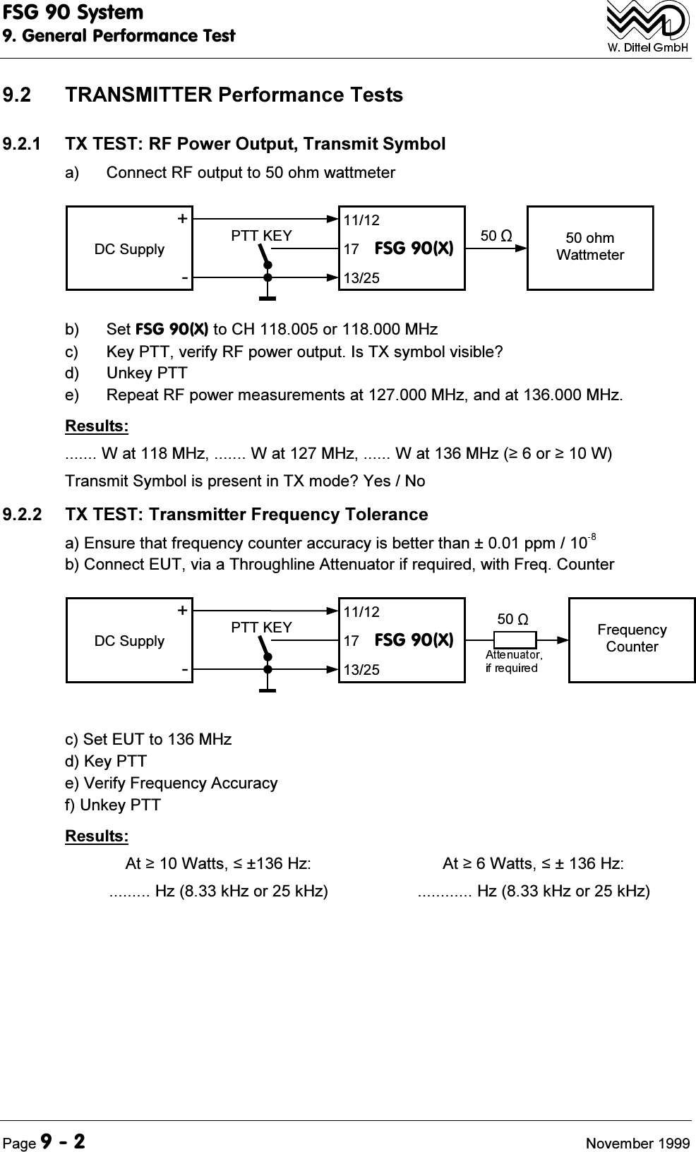 )6*6\VWHP*HQHUDO3HUIRUPDQFH7HVW3DJH 1RYHPEHU 75$160,77(53HUIRUPDQFH7HVWV 7;7(675)3RZHU2XWSXW7UDQVPLW6\PEROD &amp;RQQHFW5)RXWSXWWRRKPZDWWPHWHU377.(<'&amp;6XSSO\ )6*;RKP:DWWPHWHUE 6HW)6*;WR&amp;+RU0+]F .H\377YHULI\5)SRZHURXWSXW,V7;V\PEROYLVLEOH"G 8QNH\377H 5HSHDW5)SRZHUPHDVXUHPHQWVDW0+]DQGDW0+]5HVXOWV:DW0+]:DW0+]:DW0+]RU:7UDQVPLW6\PEROLVSUHVHQWLQ7;PRGH"<HV1R 7;7(677UDQVPLWWHU)UHTXHQF\7ROHUDQFHD(QVXUHWKDWIUHTXHQF\FRXQWHUDFFXUDF\LVEHWWHUWKDQSSPE&amp;RQQHFW(87YLDD7KURXJKOLQH$WWHQXDWRULIUHTXLUHGZLWK)UHT&amp;RXQWHU377.(<'&amp;6XSSO\ )6*;)UHTXHQF\&amp;RXQWHUF6HW(87WR0+]G.H\377H9HULI\)UHTXHQF\$FFXUDF\I8QNH\3775HVXOWV$W:DWWV+] $W:DWWV+]+]N+]RUN+] +]N+]RUN+]