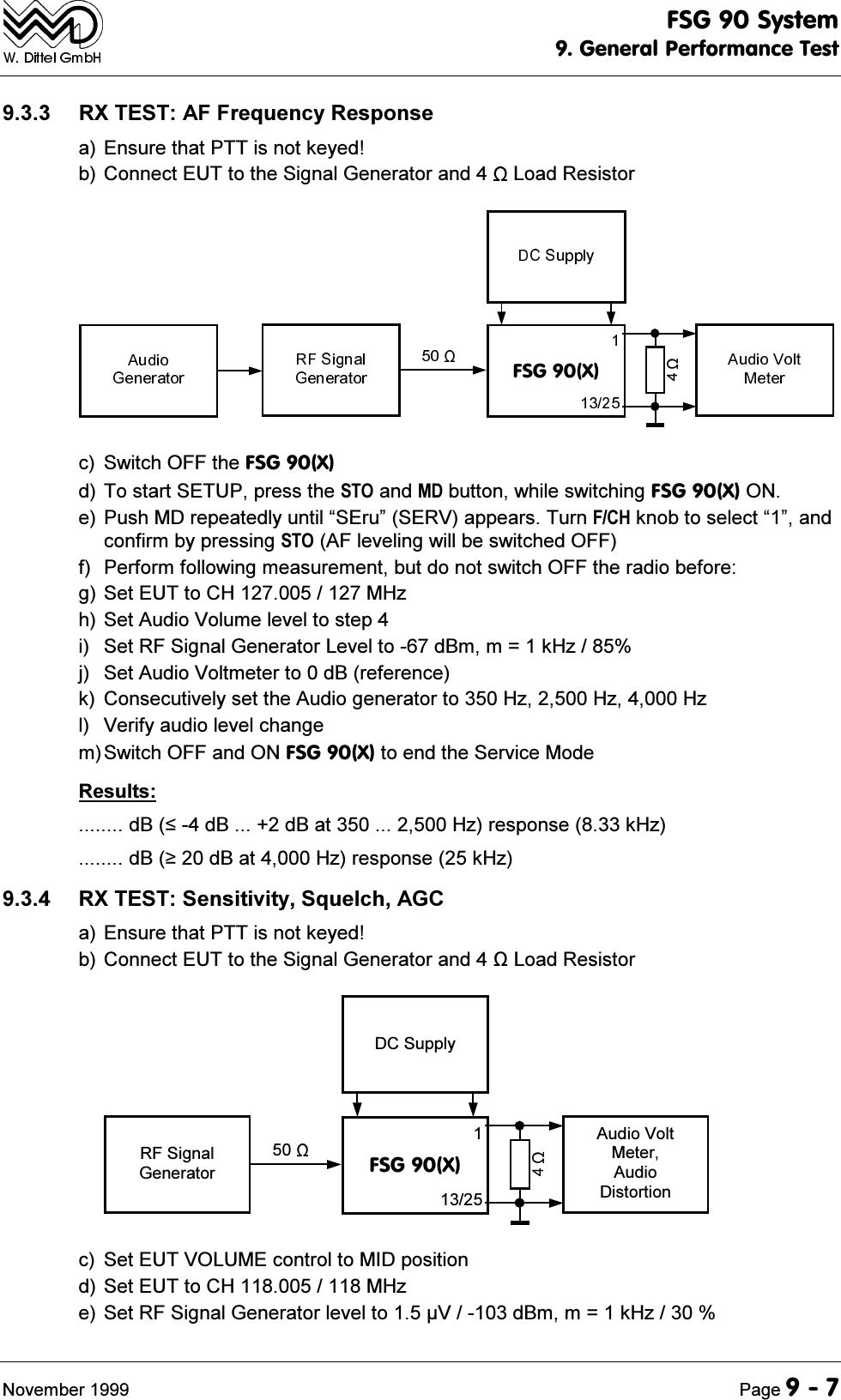 )6*6\VWHP*HQHUDO3HUIRUPDQFH7HVW1RYHPEHU 3DJH 5;7(67$))UHTXHQF\5HVSRQVHD(QVXUHWKDW377LVQRWNH\HGE&amp;RQQHFW(87WRWKH6LJQDO*HQHUDWRUDQG /RDG5HVLVWRU)6*;F 6ZLWFK2))WKH)6*;G7RVWDUW6(783SUHVVWKH672DQG0'EXWWRQZKLOHVZLWFKLQJ)6*;21H3XVK0'UHSHDWHGO\XQWLO&sup3;6(UX&acute;6(59DSSHDUV7XUQ)&amp;+NQREWRVHOHFW&sup3;&acute;DQGFRQILUPE\SUHVVLQJ672$)OHYHOLQJZLOOEHVZLWFKHG2))I 3HUIRUPIROORZLQJPHDVXUHPHQWEXWGRQRWVZLWFK2))WKHUDGLREHIRUHJ6HW(87WR&amp;+0+]K6HW$XGLR9ROXPHOHYHOWRVWHSL 6HW5)6LJQDO*HQHUDWRU/HYHOWRG%PP N+]M 6HW$XGLR9ROWPHWHUWRG%UHIHUHQFHN &amp;RQVHFXWLYHO\VHWWKH$XGLRJHQHUDWRUWR+]+]+]O 9HULI\DXGLROHYHOFKDQJHP6ZLWFK2))DQG21)6*;WRHQGWKH6HUYLFH0RGH5HVXOWVG%G%G%DW+]UHVSRQVHN+]G%G%DW+]UHVSRQVHN+] 5;7(676HQVLWLYLW\6TXHOFK$*&amp;D(QVXUHWKDW377LVQRWNH\HGE&amp;RQQHFW(87WRWKH6LJQDO*HQHUDWRUDQG/RDG5HVLVWRU'&amp;6XSSO\)6*;$XGLR9ROW0HWHU$XGLR'LVWRUWLRQ5)6LJQDO*HQHUDWRUF 6HW(8792/80(FRQWUROWR0,'SRVLWLRQG6HW(87WR&amp;+0+]H6HW5)6LJQDO*HQHUDWRUOHYHOWR9G%PP N+]