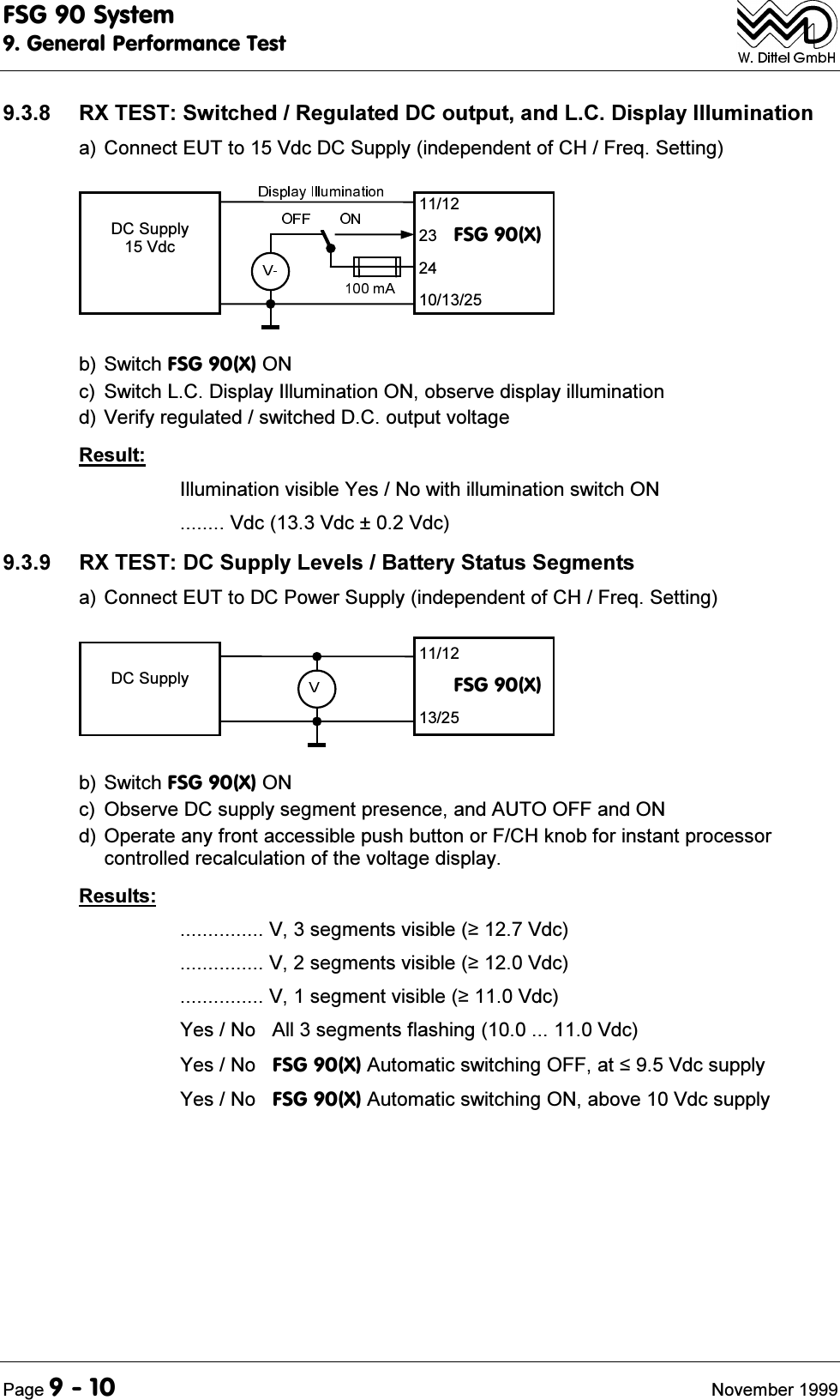 )6*6\VWHP*HQHUDO3HUIRUPDQFH7HVW3DJH 1RYHPEHU 5;7(676ZLWFKHG5HJXODWHG'&amp;RXWSXWDQG/&amp;'LVSOD\,OOXPLQDWLRQD&amp;RQQHFW(87WR9GF'&amp;6XSSO\LQGHSHQGHQWRI&amp;+)UHT6HWWLQJ'&amp;6XSSO\9GF )6*;E6ZLWFK)6*;21F 6ZLWFK/&amp;'LVSOD\,OOXPLQDWLRQ21REVHUYHGLVSOD\LOOXPLQDWLRQG9HULI\UHJXODWHGVZLWFKHG'&amp;RXWSXWYROWDJH5HVXOW,OOXPLQDWLRQYLVLEOH<HV1RZLWKLOOXPLQDWLRQVZLWFK219GF9GF9GF 5;7(67'&amp;6XSSO\/HYHOV%DWWHU\6WDWXV6HJPHQWVD&amp;RQQHFW(87WR'&amp;3RZHU6XSSO\LQGHSHQGHQWRI&amp;+)UHT6HWWLQJ'&amp;6XSSO\)6*;E6ZLWFK)6*;21F 2EVHUYH'&amp;VXSSO\VHJPHQWSUHVHQFHDQG$8722))DQG21G2SHUDWHDQ\IURQWDFFHVVLEOHSXVKEXWWRQRU)&amp;+NQREIRULQVWDQWSURFHVVRUFRQWUROOHGUHFDOFXODWLRQRIWKHYROWDJHGLVSOD\5HVXOWV9VHJPHQWVYLVLEOH9GF9VHJPHQWVYLVLEOH9GF9VHJPHQWYLVLEOH9GF<HV1R$OOVHJPHQWVIODVKLQJ9GF<HV1R)6*;$XWRPDWLFVZLWFKLQJ2))DW9GFVXSSO\<HV1R)6*;$XWRPDWLFVZLWFKLQJ21DERYH9GFVXSSO\