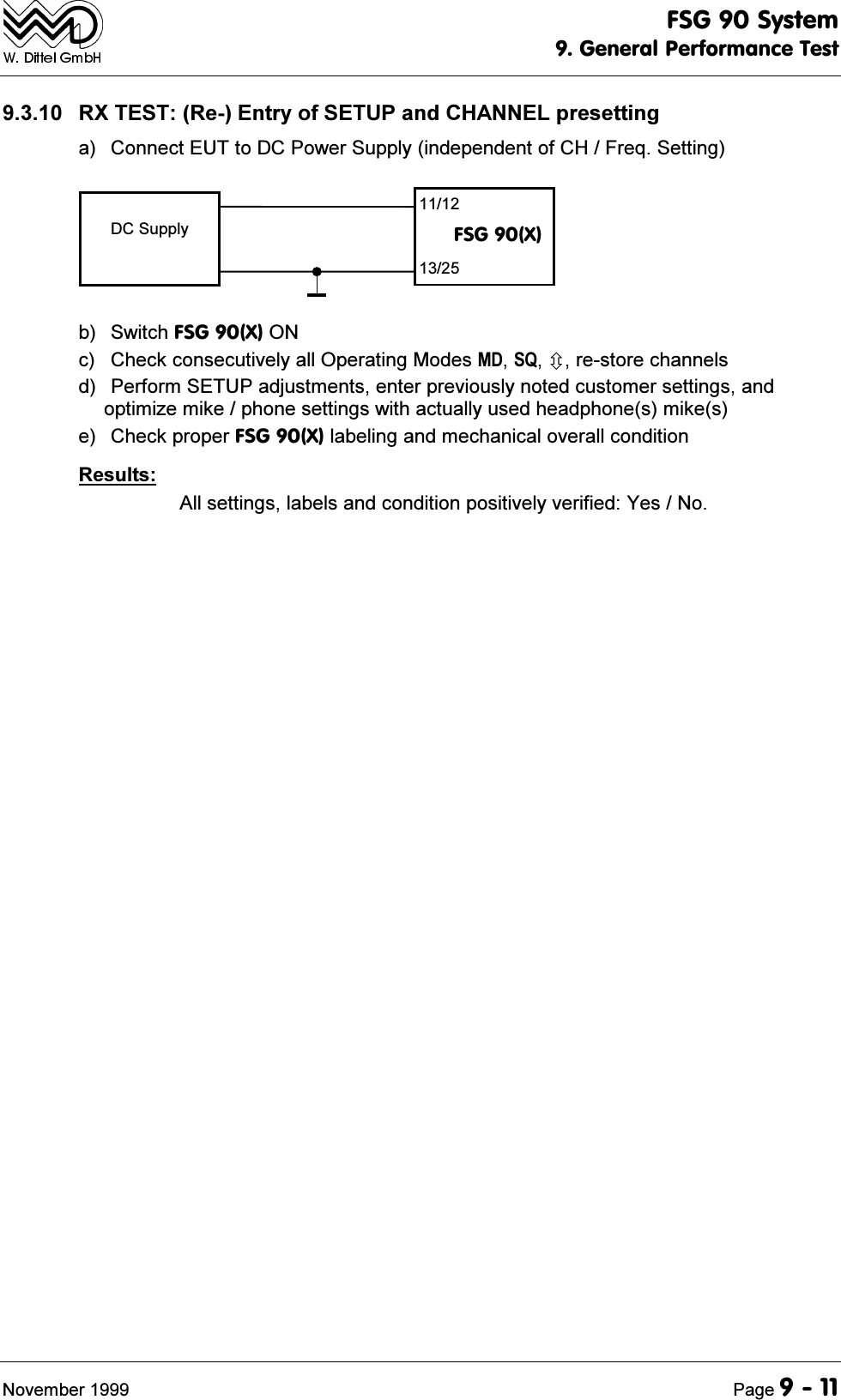 )6*6\VWHP*HQHUDO3HUIRUPDQFH7HVW1RYHPEHU 3DJH 5;7(675H(QWU\RI6(783DQG&amp;+$11(/SUHVHWWLQJD &amp;RQQHFW(87WR'&amp;3RZHU6XSSO\LQGHSHQGHQWRI&amp;+)UHT6HWWLQJ'&amp;6XSSO\)6*;E 6ZLWFK)6*;21F &amp;KHFNFRQVHFXWLYHO\DOO2SHUDWLQJ0RGHV0'64&Ugrave;UHVWRUHFKDQQHOVG 3HUIRUP6(783DGMXVWPHQWVHQWHUSUHYLRXVO\QRWHGFXVWRPHUVHWWLQJVDQGRSWLPL]HPLNHSKRQHVHWWLQJVZLWKDFWXDOO\XVHGKHDGSKRQHVPLNHVH &amp;KHFNSURSHU)6*;ODEHOLQJDQGPHFKDQLFDORYHUDOOFRQGLWLRQ5HVXOWV$OOVHWWLQJVODEHOVDQGFRQGLWLRQSRVLWLYHO\YHULILHG<HV1R
