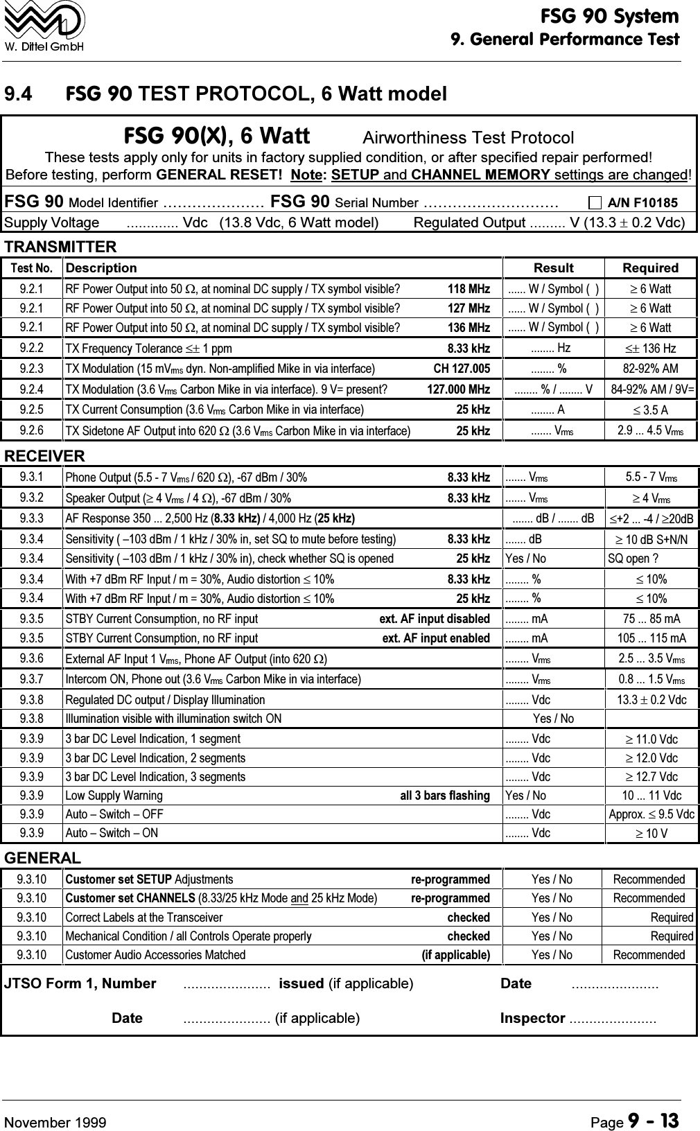 )6*6\VWHP*HQHUDO3HUIRUPDQFH7HVW1RYHPEHU 3DJH )6*7(6735272&amp;2/:DWWPRGHO)6*;:DWW$LUZRUWKLQHVV7HVW3URWRFRO7KHVHWHVWVDSSO\RQO\IRUXQLWVLQIDFWRU\VXSSOLHGFRQGLWLRQRUDIWHUVSHFLILHGUHSDLUSHUIRUPHG%HIRUHWHVWLQJSHUIRUP*(1(5$/5(6(71RWH6(783DQG&amp;+$11(/0(025<VHWWLQJVDUHFKDQJHG)6*0RGHO,GHQWLILHU )6*6HULDO1XPEHU $1)6XSSO\9ROWDJH 9GF 9GF:DWWPRGHO 5HJXODWHG2XWSXW99GF75$160,77(57HVW1R 'HVFULSWLRQ 5HVXOW 5HTXLUHG 5)3RZHU2XWSXWLQWRWDWQRPLQDO'&amp;VXSSO\7;V\PEROYLVLEOH" 0+] :6\PERO :DWW 5)3RZHU2XWSXWLQWRWDWQRPLQDO'&amp;VXSSO\7;V\PEROYLVLEOH" 0+] :6\PERO :DWW 5)3RZHU2XWSXWLQWRWDWQRPLQDO'&amp;VXSSO\7;V\PEROYLVLEOH" 0+] :6\PERO :DWW 7;)UHTXHQF\7ROHUDQFHSSP N+] +] +] 7;0RGXODWLRQP9 G\Q1RQDPSOLILHG0LNHLQYLDLQWHUIDFH &amp;+  $0 7;0RGXODWLRQ9 &amp;DUERQ0LNHLQYLDLQWHUIDFH9 SUHVHQW" 0+] 9 $09  7;&amp;XUUHQW&amp;RQVXPSWLRQ9 &amp;DUERQ0LNHLQYLDLQWHUIDFH N+] $ $ 7;6LGHWRQH$)2XWSXWLQWRW9 &amp;DUERQ0LNHLQYLDLQWHUIDFH N+] 9 95(&amp;(,9(5 3KRQH2XWSXW9 WG%P N+] 9 9 6SHDNHU2XWSXW9 WG%P N+] 9 9 $)5HVSRQVH+]N+]+]N+] G%G% G% 6HQVLWLYLW\&plusmn;G%PN+]LQVHW64WRPXWHEHIRUHWHVWLQJ N+] G% G%611 6HQVLWLYLW\&plusmn;G%PN+]LQFKHFNZKHWKHU64LVRSHQHG N+] <HV1R 64RSHQ" :LWKG%P5),QSXWP $XGLRGLVWRUWLRQ N+]   :LWKG%P5),QSXWP $XGLRGLVWRUWLRQ N+]   67%<&amp;XUUHQW&amp;RQVXPSWLRQQR5)LQSXW H[W$)LQSXWGLVDEOHG P$ P$ 67%<&amp;XUUHQW&amp;RQVXPSWLRQQR5)LQSXW H[W$)LQSXWHQDEOHG P$ P$ ([WHUQDO$),QSXW9 3KRQH$)2XWSXWLQWRW9 9 ,QWHUFRP213KRQHRXW9 &amp;DUERQ0LNHLQYLDLQWHUIDFH 9 9 5HJXODWHG'&amp;RXWSXW'LVSOD\,OOXPLQDWLRQ 9GF 9GF ,OOXPLQDWLRQYLVLEOHZLWKLOOXPLQDWLRQVZLWFK21 <HV1R EDU'&amp;/HYHO,QGLFDWLRQVHJPHQW 9GF 9GF EDU'&amp;/HYHO,QGLFDWLRQVHJPHQWV 9GF 9GF EDU'&amp;/HYHO,QGLFDWLRQVHJPHQWV 9GF 9GF /RZ6XSSO\:DUQLQJ DOOEDUVIODVKLQJ <HV1R 9GF $XWR&plusmn;6ZLWFK&plusmn;2)) 9GF $SSUR[9GF $XWR&plusmn;6ZLWFK&plusmn;21 9GF 9*(1(5$/ &amp;XVWRPHUVHW6(783$GMXVWPHQWV UHSURJUDPPHG <HV1R 5HFRPPHQGHG &amp;XVWRPHUVHW&amp;+$11(/6N+]0RGHDQGN+]0RGH UHSURJUDPPHG <HV1R 5HFRPPHQGHG &amp;RUUHFW/DEHOVDWWKH7UDQVFHLYHU FKHFNHG <HV1R 5HTXLUHG 0HFKDQLFDO&amp;RQGLWLRQDOO&amp;RQWUROV2SHUDWHSURSHUO\ FKHFNHG <HV1R 5HTXLUHG &amp;XVWRPHU$XGLR$FFHVVRULHV0DWFKHG LIDSSOLFDEOH <HV1R 5HFRPPHQGHG-762)RUP1XPEHU LVVXHGLIDSSOLFDEOH 'DWH'DWH LIDSSOLFDEOH ,QVSHFWRU