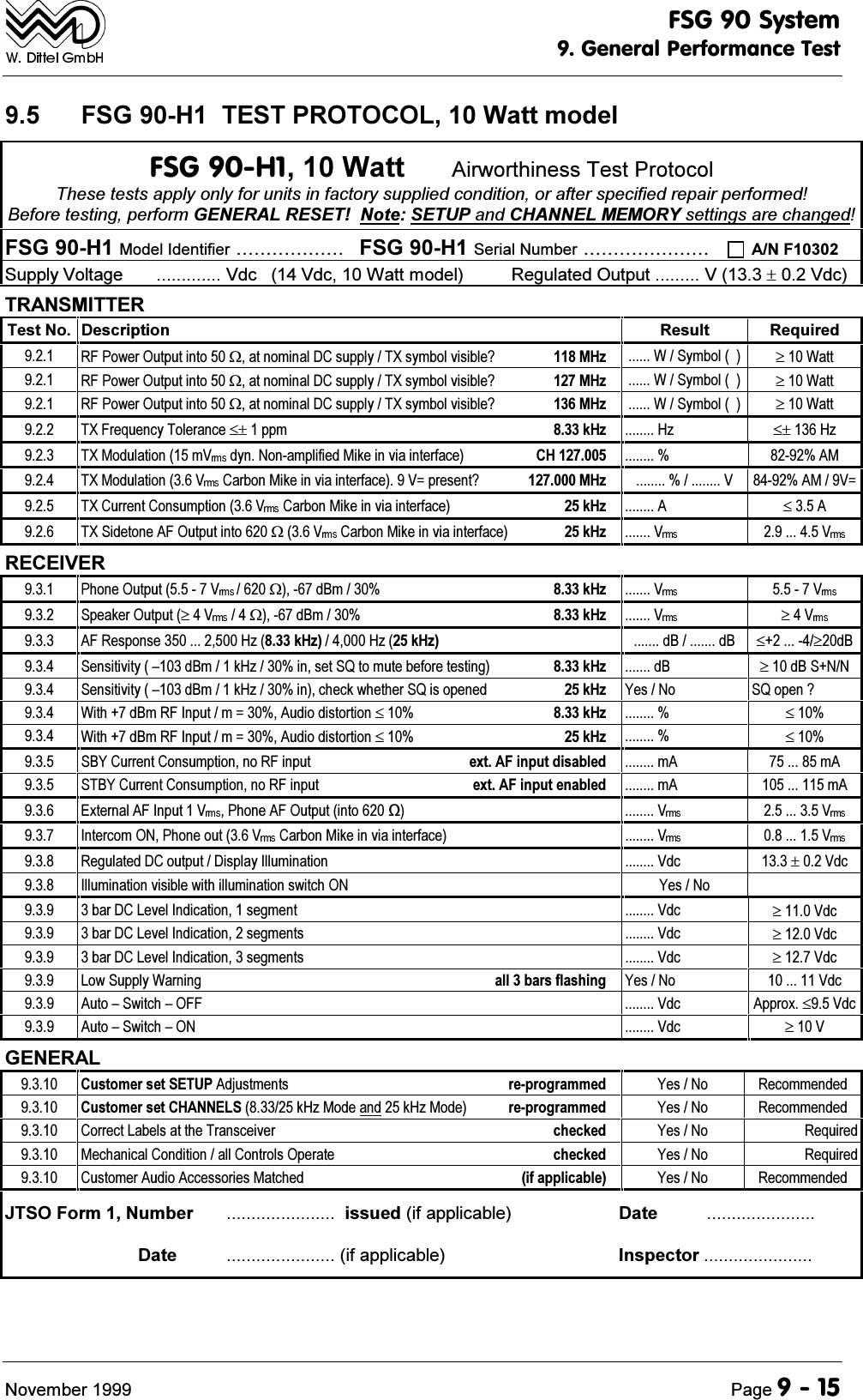 )6*6\VWHP*HQHUDO3HUIRUPDQFH7HVW1RYHPEHU 3DJH )6*+7(6735272&amp;2/:DWWPRGHO)6*+:DWW$LUZRUWKLQHVV7HVW3URWRFRO7KHVHWHVWVDSSO\RQO\IRUXQLWVLQIDFWRU\VXSSOLHGFRQGLWLRQRUDIWHUVSHFLILHGUHSDLUSHUIRUPHG%HIRUHWHVWLQJSHUIRUP*(1(5$/5(6(71RWH6(783DQG&amp;+$11(/0(025<VHWWLQJVDUHFKDQJHG)6*+0RGHO,GHQWLILHU )6*+6HULDO1XPEHU $1)6XSSO\9ROWDJH 9GF 9GF:DWWPRGHO 5HJXODWHG2XWSXW99GF75$160,77(57HVW1R 'HVFULSWLRQ 5HVXOW 5HTXLUHG 5)3RZHU2XWSXWLQWRWDWQRPLQDO'&amp;VXSSO\7;V\PEROYLVLEOH" 0+] :6\PERO :DWW 5)3RZHU2XWSXWLQWRWDWQRPLQDO'&amp;VXSSO\7;V\PEROYLVLEOH" 0+] :6\PERO :DWW 5)3RZHU2XWSXWLQWRWDWQRPLQDO'&amp;VXSSO\7;V\PEROYLVLEOH" 0+] :6\PERO :DWW 7;)UHTXHQF\7ROHUDQFHSSP N+] +] +] 7;0RGXODWLRQP9 G\Q1RQDPSOLILHG0LNHLQYLDLQWHUIDFH &amp;+  $0 7;0RGXODWLRQ9 &amp;DUERQ0LNHLQYLDLQWHUIDFH9 SUHVHQW" 0+] 9 $09  7;&amp;XUUHQW&amp;RQVXPSWLRQ9 &amp;DUERQ0LNHLQYLDLQWHUIDFH N+] $ $ 7;6LGHWRQH$)2XWSXWLQWRW9 &amp;DUERQ0LNHLQYLDLQWHUIDFH N+] 9 95(&amp;(,9(5 3KRQH2XWSXW9 WG%P N+] 9 9 6SHDNHU2XWSXW9 WG%P N+] 9 9 $)5HVSRQVH+]N+]+]N+] G%G% G% 6HQVLWLYLW\&plusmn;G%PN+]LQVHW64WRPXWHEHIRUHWHVWLQJ N+] G% G%611 6HQVLWLYLW\&plusmn;G%PN+]LQFKHFNZKHWKHU64LVRSHQHG N+] <HV1R 64RSHQ" :LWKG%P5),QSXWP $XGLRGLVWRUWLRQ N+]   :LWKG%P5),QSXWP $XGLRGLVWRUWLRQ N+]   6%<&amp;XUUHQW&amp;RQVXPSWLRQQR5)LQSXW H[W$)LQSXWGLVDEOHG P$ P$ 67%<&amp;XUUHQW&amp;RQVXPSWLRQQR5)LQSXW H[W$)LQSXWHQDEOHG P$ P$ ([WHUQDO$),QSXW9 3KRQH$)2XWSXWLQWR 9 9 ,QWHUFRP213KRQHRXW9 &amp;DUERQ0LNHLQYLDLQWHUIDFH 9 9 5HJXODWHG'&amp;RXWSXW'LVSOD\,OOXPLQDWLRQ 9GF 9GF ,OOXPLQDWLRQYLVLEOHZLWKLOOXPLQDWLRQVZLWFK21 <HV1R EDU'&amp;/HYHO,QGLFDWLRQVHJPHQW 9GF 9GF EDU'&amp;/HYHO,QGLFDWLRQVHJPHQWV 9GF 9GF EDU'&amp;/HYHO,QGLFDWLRQVHJPHQWV 9GF 9GF /RZ6XSSO\:DUQLQJ DOOEDUVIODVKLQJ <HV1R 9GF $XWR&plusmn;6ZLWFK&plusmn;2)) 9GF $SSUR[9GF $XWR&plusmn;6ZLWFK&plusmn;21 9GF 9*(1(5$/ &amp;XVWRPHUVHW6(783$GMXVWPHQWV UHSURJUDPPHG <HV1R 5HFRPPHQGHG &amp;XVWRPHUVHW&amp;+$11(/6N+]0RGHDQGN+]0RGH UHSURJUDPPHG <HV1R 5HFRPPHQGHG &amp;RUUHFW/DEHOVDWWKH7UDQVFHLYHU FKHFNHG <HV1R 5HTXLUHG 0HFKDQLFDO&amp;RQGLWLRQDOO&amp;RQWUROV2SHUDWH FKHFNHG <HV1R 5HTXLUHG &amp;XVWRPHU$XGLR$FFHVVRULHV0DWFKHG LIDSSOLFDEOH <HV1R 5HFRPPHQGHG-762)RUP1XPEHU LVVXHGLIDSSOLFDEOH 'DWH'DWH LIDSSOLFDEOH ,QVSHFWRU