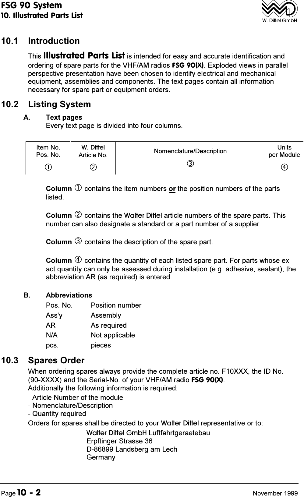)6*6\VWHP,OOXVWUDWHG3DUWV/LVW3DJH 1RYHPEHU ,QWURGXFWLRQ7KLV,OOXVWUDWHG3DUWV/LVWLVLQWHQGHGIRUHDV\DQGDFFXUDWHLGHQWLILFDWLRQDQGRUGHULQJRIVSDUHSDUWVIRUWKH9+)$0UDGLRV)6*;([SORGHGYLHZVLQSDUDOOHOSHUVSHFWLYHSUHVHQWDWLRQKDYHEHHQFKRVHQWRLGHQWLI\HOHFWULFDODQGPHFKDQLFDOHTXLSPHQWDVVHPEOLHVDQGFRPSRQHQWV7KHWH[WSDJHVFRQWDLQDOOLQIRUPDWLRQQHFHVVDU\IRUVSDUHSDUWRUHTXLSPHQWRUGHUV /LVWLQJ6\VWHP$ 7H[WSDJHV(YHU\WH[WSDJHLVGLYLGHGLQWRIRXUFROXPQV,WHP1R3RV1R:'LWWHO$UWLFOH1R&oacute;1RPHQFODWXUH'HVFULSWLRQ&igrave;8QLWVSHU0RGXOH&ouml;&amp;ROXPQFRQWDLQVWKHLWHPQXPEHUVRUWKHSRVLWLRQQXPEHUVRIWKHSDUWVOLVWHG&amp;ROXPQ&oacute;FRQWDLQVWKH:DOWHU'LWWHODUWLFOHQXPEHUVRIWKHVSDUHSDUWV7KLVQXPEHUFDQDOVRGHVLJQDWHDVWDQGDUGRUDSDUWQXPEHURIDVXSSOLHU&amp;ROXPQ&igrave;FRQWDLQVWKHGHVFULSWLRQRIWKHVSDUHSDUW&amp;ROXPQ&ouml;FRQWDLQVWKHTXDQWLW\RIHDFKOLVWHGVSDUHSDUW)RUSDUWVZKRVHH[DFWTXDQWLW\FDQRQO\EHDVVHVVHGGXULQJLQVWDOODWLRQHJDGKHVLYHVHDODQWWKHDEEUHYLDWLRQ$5DVUHTXLUHGLVHQWHUHG% $EEUHYLDWLRQV3RV1R 3RVLWLRQQXPEHU$VV\ $VVHPEO\$5 $VUHTXLUHG1$ 1RWDSSOLFDEOHSFV SLHFHV 6SDUHV2UGHU:KHQRUGHULQJVSDUHVDOZD\VSURYLGHWKHFRPSOHWHDUWLFOHQR);;;WKH,'1R;;;;DQGWKH6HULDO1RRI\RXU9+)$0UDGLR)6*;$GGLWLRQDOO\WKHIROORZLQJLQIRUPDWLRQLVUHTXLUHG$UWLFOH1XPEHURIWKHPRGXOH1RPHQFODWXUH'HVFULSWLRQ4XDQWLW\UHTXLUHG2UGHUVIRUVSDUHVVKDOOEHGLUHFWHGWR\RXU:DOWHU'LWWHOUHSUHVHQWDWLYHRUWR:DOWHU'LWWHO*PE+/XIWIDKUWJHUDHWHEDX(USIWLQJHU6WUDVVH'/DQGVEHUJDP/HFK*HUPDQ\