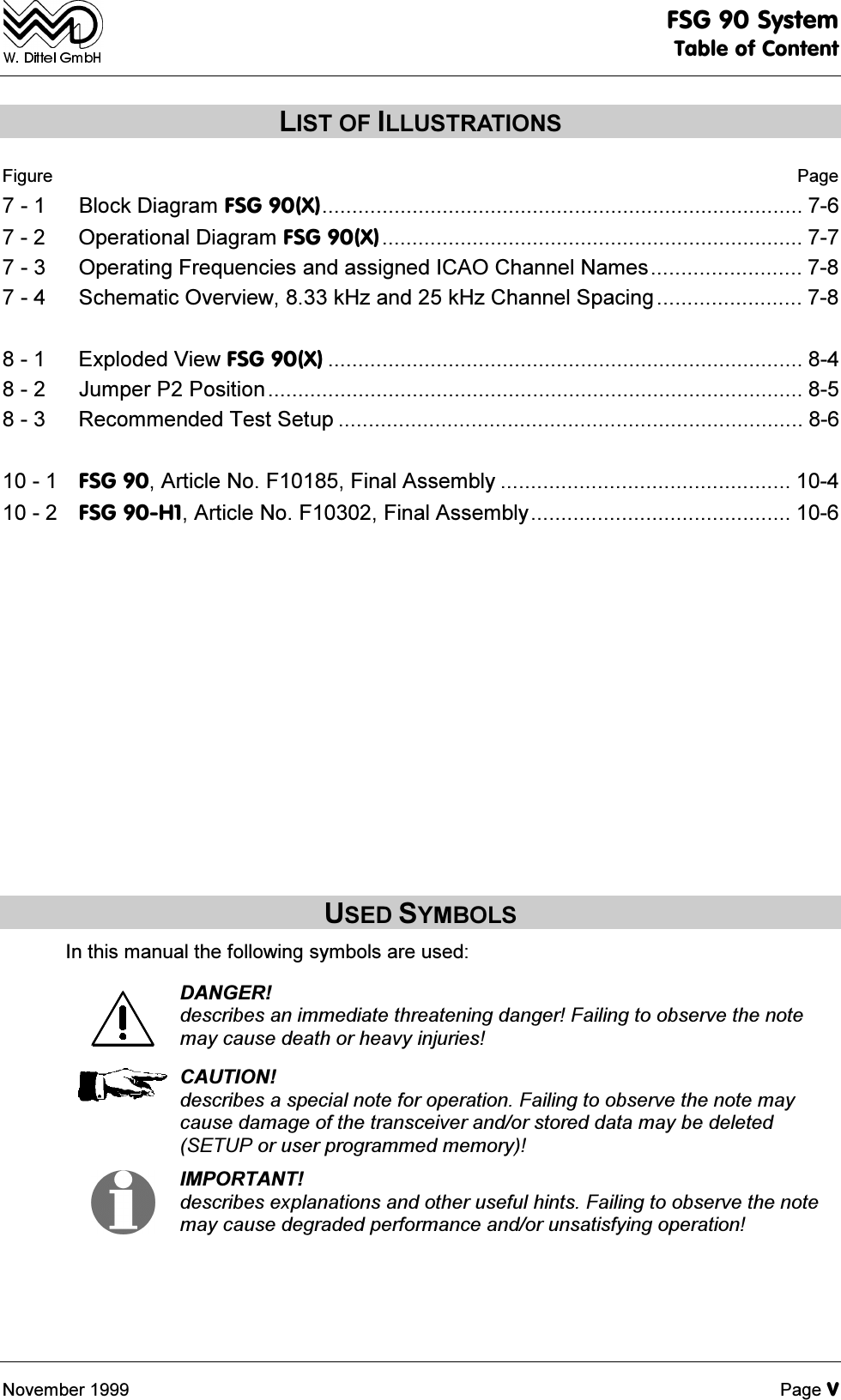 )6*6\VWHP7DEOHRI&amp;RQWHQW1RYHPEHU 3DJHY/,672),//8675$7,216)LJXUH 3DJH %ORFN'LDJUDP)6*;  2SHUDWLRQDO'LDJUDP)6*;  2SHUDWLQJ)UHTXHQFLHVDQGDVVLJQHG,&amp;$2&amp;KDQQHO1DPHV  6FKHPDWLF2YHUYLHZN+]DQGN+]&amp;KDQQHO6SDFLQJ   ([SORGHG9LHZ)6*;   -XPSHU33RVLWLRQ   5HFRPPHQGHG7HVW6HWXS   )6*$UWLFOH1R))LQDO$VVHPEO\   )6*+$UWLFOH1R))LQDO$VVHPEO\ 86('6<0%2/6,QWKLVPDQXDOWKHIROORZLQJV\PEROVDUHXVHG'$1*(5GHVFULEHVDQLPPHGLDWHWKUHDWHQLQJGDQJHU)DLOLQJWRREVHUYHWKHQRWHPD\FDXVHGHDWKRUKHDY\LQMXULHV&amp;$87,21GHVFULEHVDVSHFLDOQRWHIRURSHUDWLRQ)DLOLQJWRREVHUYHWKHQRWHPD\FDXVHGDPDJHRIWKHWUDQVFHLYHUDQGRUVWRUHGGDWDPD\EHGHOHWHG6(783RUXVHUSURJUDPPHGPHPRU\,03257$17GHVFULEHVH[SODQDWLRQVDQGRWKHUXVHIXOKLQWV)DLOLQJWRREVHUYHWKHQRWHPD\FDXVHGHJUDGHGSHUIRUPDQFHDQGRUXQVDWLVI\LQJRSHUDWLRQ
