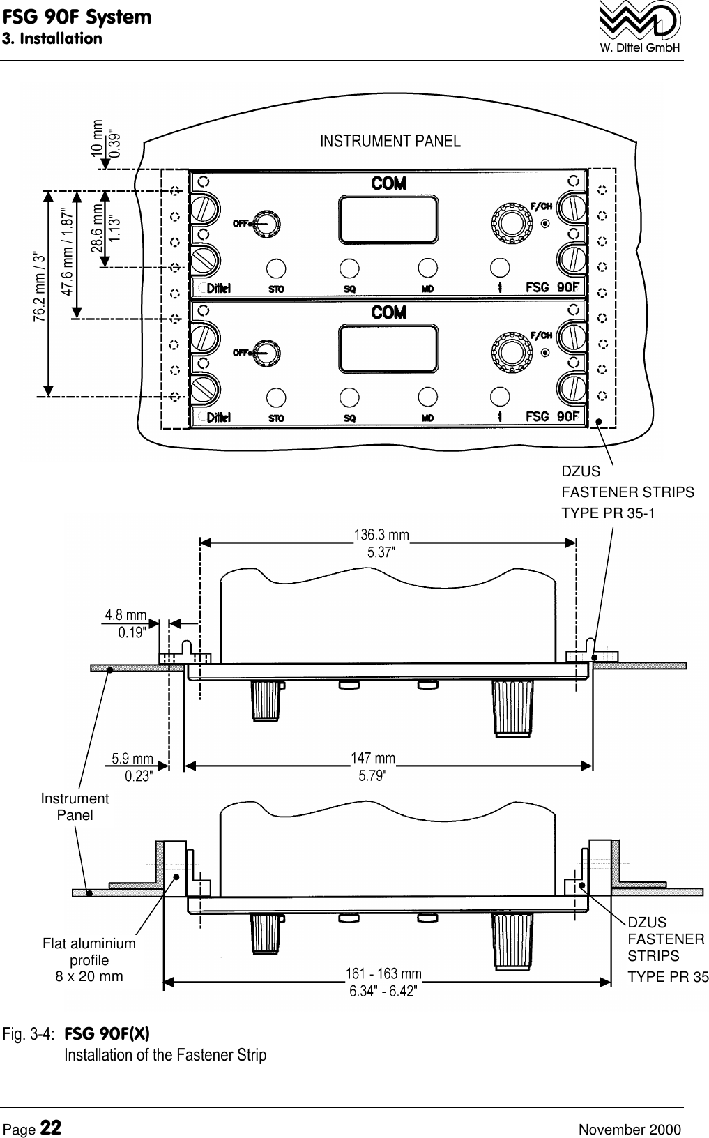 FSG 90F System3. InstallationPage 22 November 2000W. Dittel GmbHFig. 3-4: FSG 90F(X)Installation of the Fastener StripDZUSFASTENER STRIPSTYPE PR 35-1DZUSFASTENERSTRIPSTYPE PR 35InstrumentPanelFlat aluminiumprofile8 x 20 mm