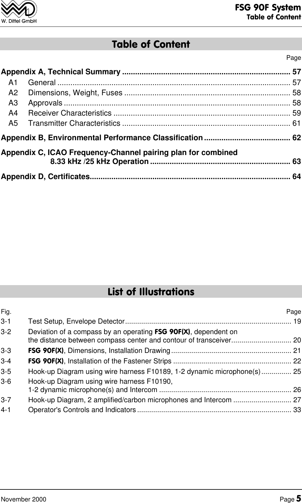 FSG 90F SystemTable of ContentNovember 2000 Page 5W. Dittel GmbHTable of ContentPageAppendix A, Technical Summary .............................................................................. 57A1 General ............................................................................................................ 57A2 Dimensions, Weight, Fuses ............................................................................. 58A3 Approvals ......................................................................................................... 58A4 Receiver Characteristics .................................................................................. 59A5 Transmitter Characteristics .............................................................................. 61Appendix B, Environmental Performance Classification........................................ 62Appendix C, ICAO Frequency-Channel pairing plan for combined 8.33 kHz /25 kHz Operation ................................................................. 63Appendix D, Certificates............................................................................................. 64List of IllustrationsFig. Page3-1 Test Setup, Envelope Detector................................................................................... 193-2 Deviation of a compass by an operating FSG 90F(X), dependent onthe distance between compass center and contour of transceiver.............................. 203-3 FSG 90F(X), Dimensions, Installation Drawing............................................................ 213-4 FSG 90F(X), Installation of the Fastener Strips ........................................................... 223-5 Hook-up Diagram using wire harness F10189, 1-2 dynamic microphone(s)............... 253-6 Hook-up Diagram using wire harness F10190,1-2 dynamic microphone(s) and Intercom .................................................................. 263-7 Hook-up Diagram, 2 amplified/carbon microphones and Intercom ............................. 274-1 Operator's Controls and Indicators............................................................................. 33